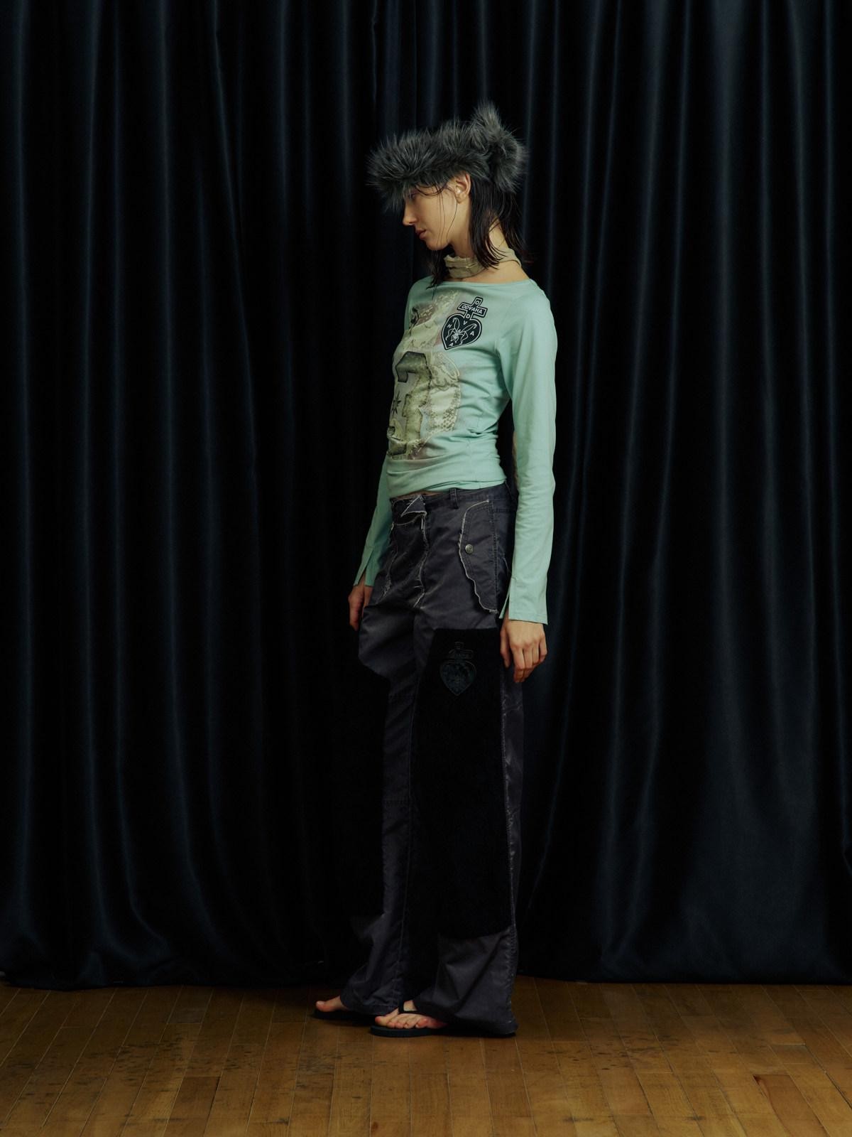 APRIORITY Heart Print Double Knee Patchwork Distressed Women's Nylon Cargo Pants