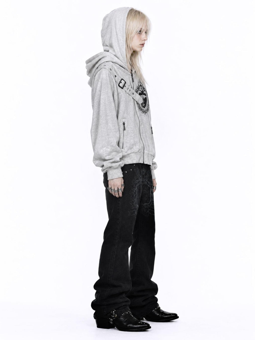 APRIORITY Heart Print Faux Denim Double Sided Women's Cotton Blend Zip-up Hoodies