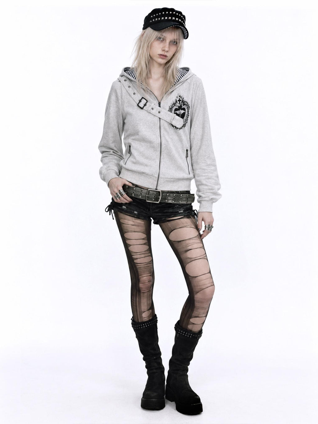APRIORITY Heart Print Faux Denim Double Sided Women's Cotton Blend Zip-up Hoodies