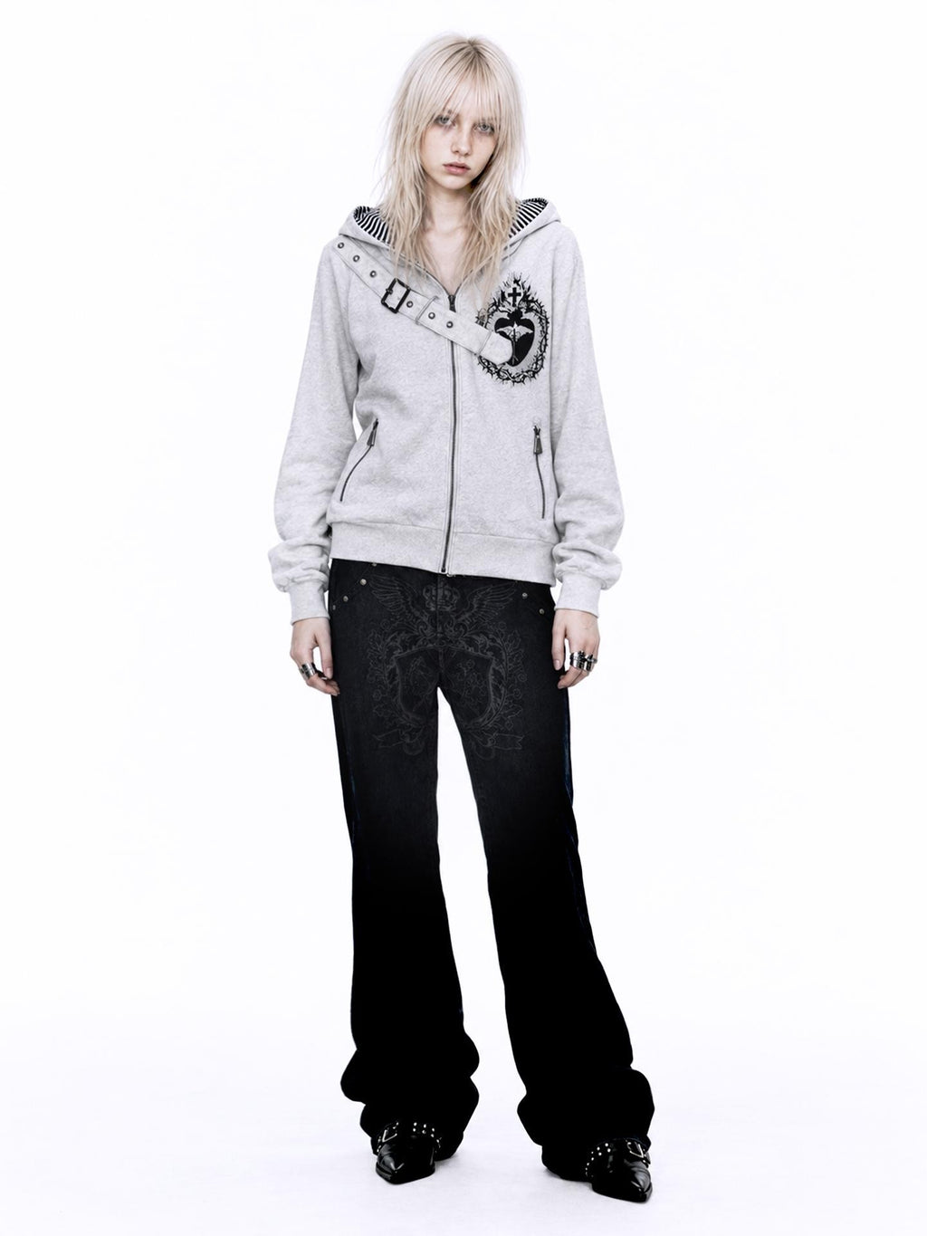 APRIORITY Heart Print Faux Denim Double Sided Women's Cotton Blend Zip-up Hoodies