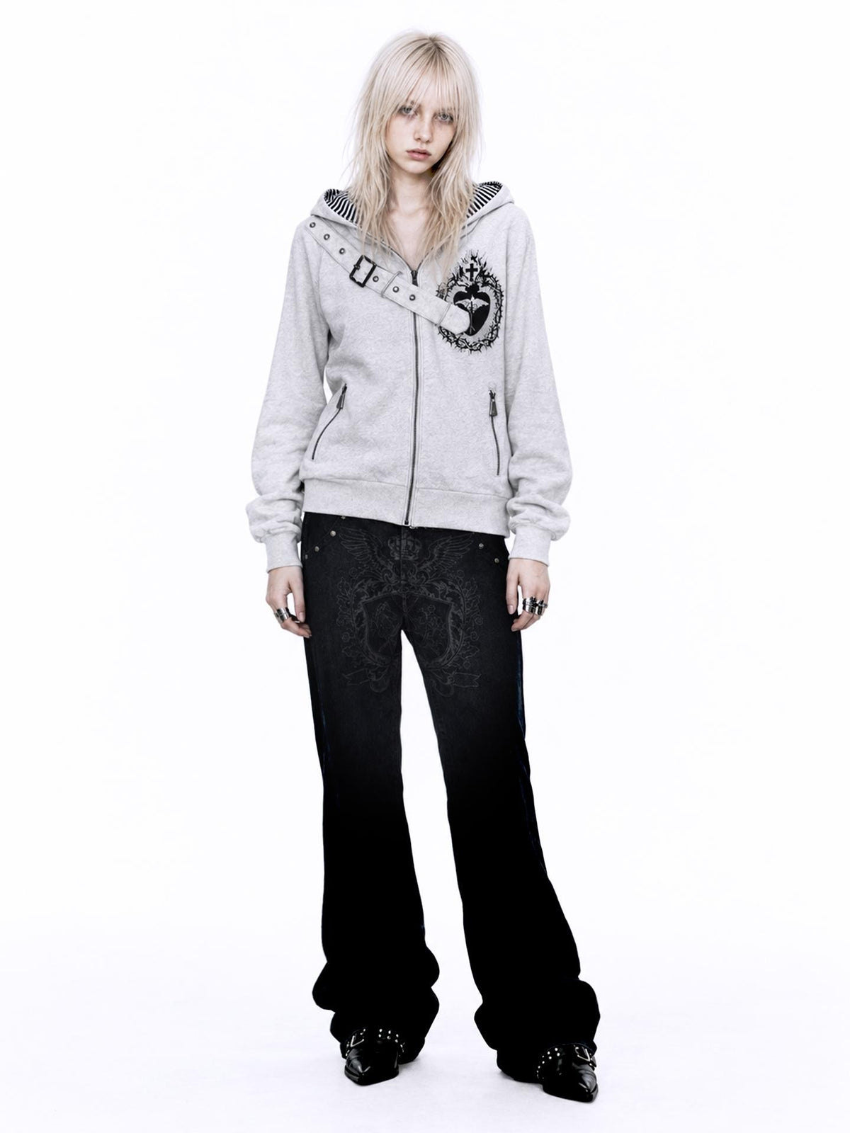 APRIORITY Heart Print Faux Denim Double Sided Women's Cotton Blend Zip-up Hoodies