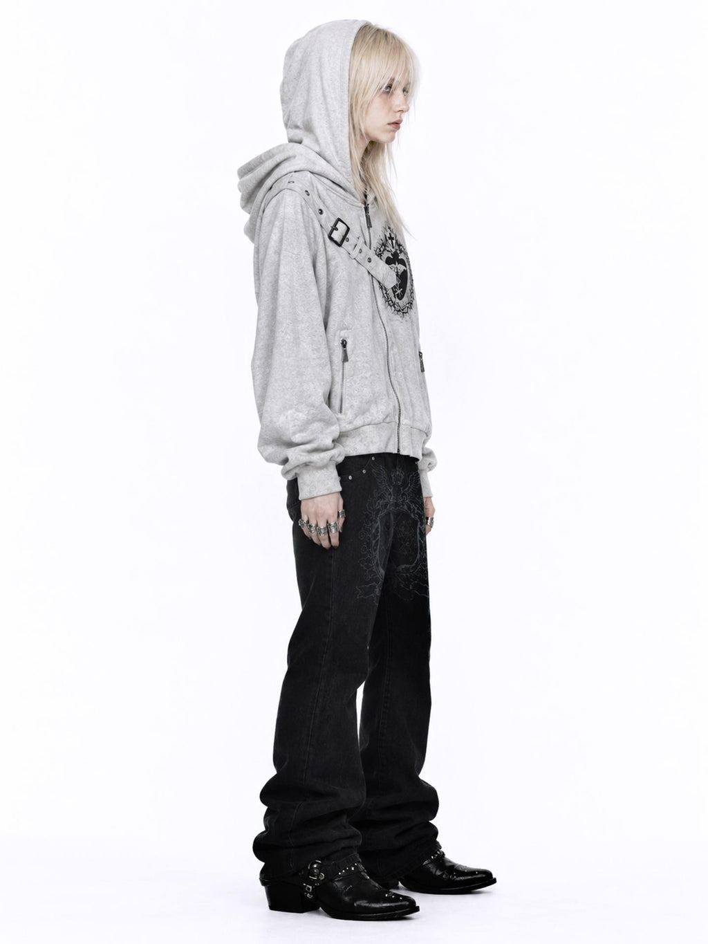 APRIORITY Heart Print Faux Denim Double Sided Women's Cotton Blend Zip-up Hoodies