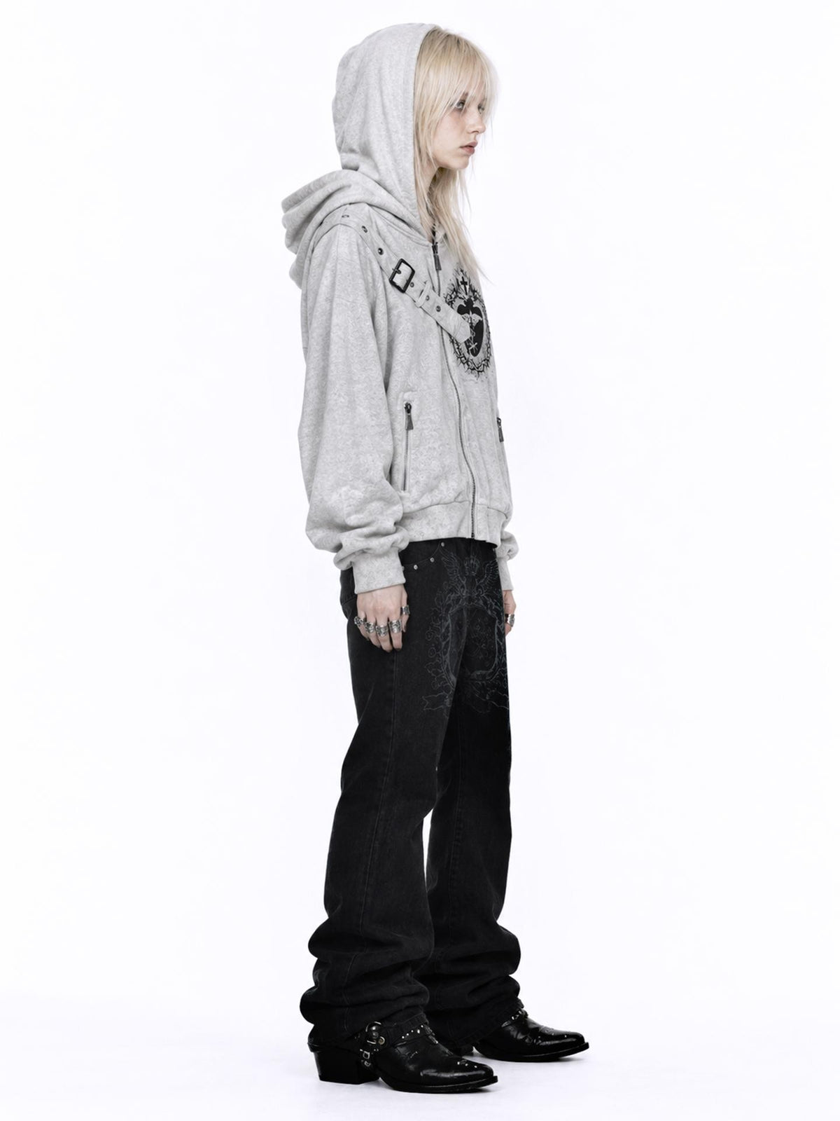 APRIORITY Heart Print Faux Denim Double Sided Women's Cotton Blend Zip-up Hoodies