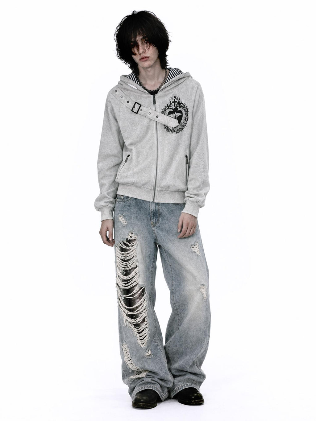 APRIORITY Heart Print Faux Denim Double Sided Women's Cotton Blend Zip-up Hoodies