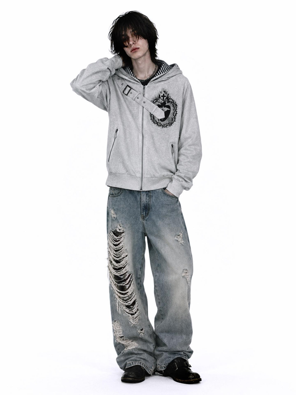 APRIORITY Heart Print Faux Denim Double Sided Women's Cotton Blend Zip-up Hoodies