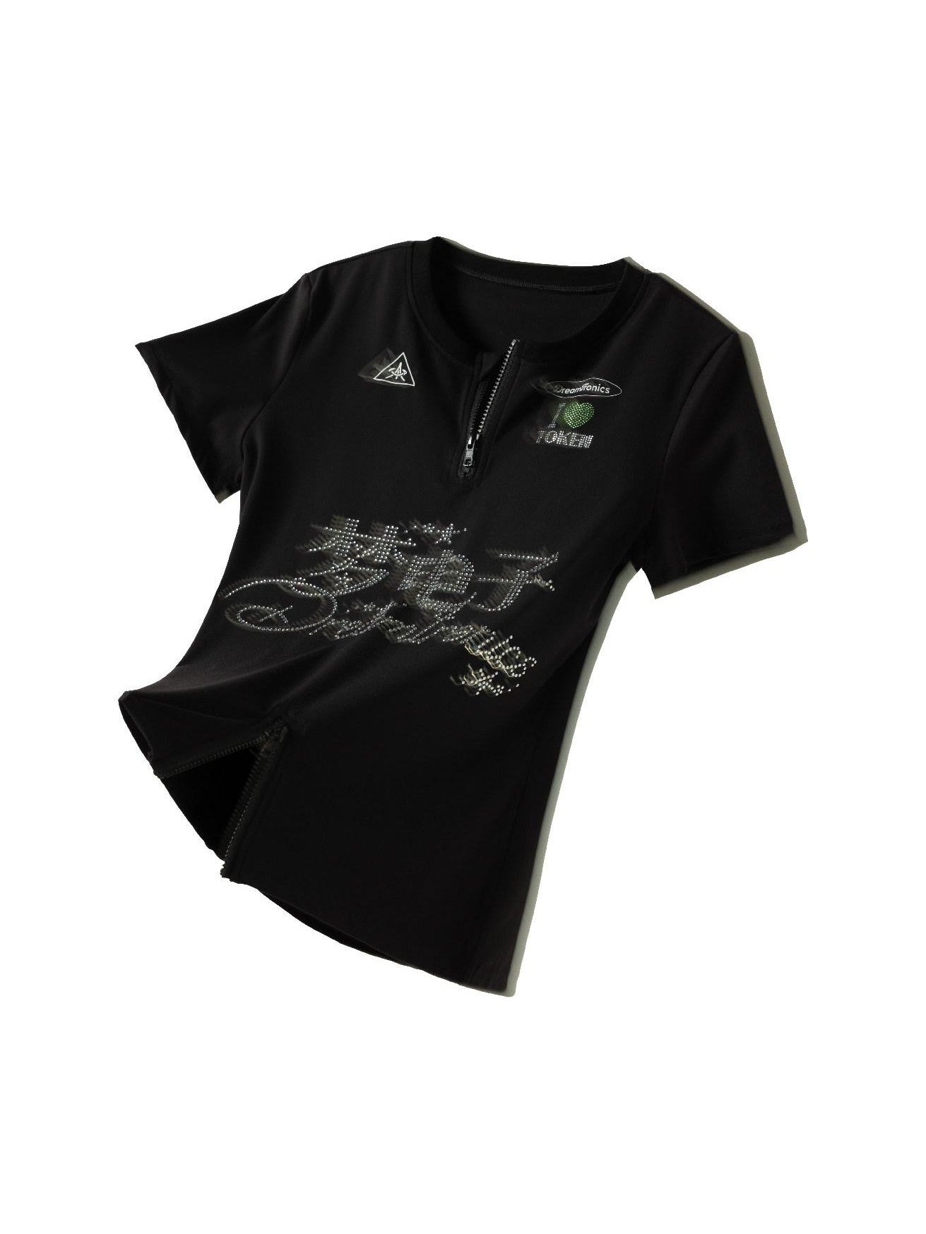 APRIORITY Hotfix Rhinestone Letter Zip Women's Nylon Short Sleeve T-shirts