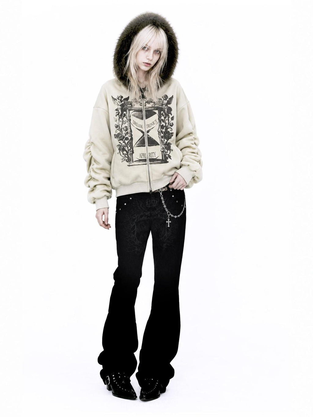 APRIORITY Hourglass Ruched Stacked Sleeve Faux Fur Trim Women's Cotton Blend Zip-up Hoodies