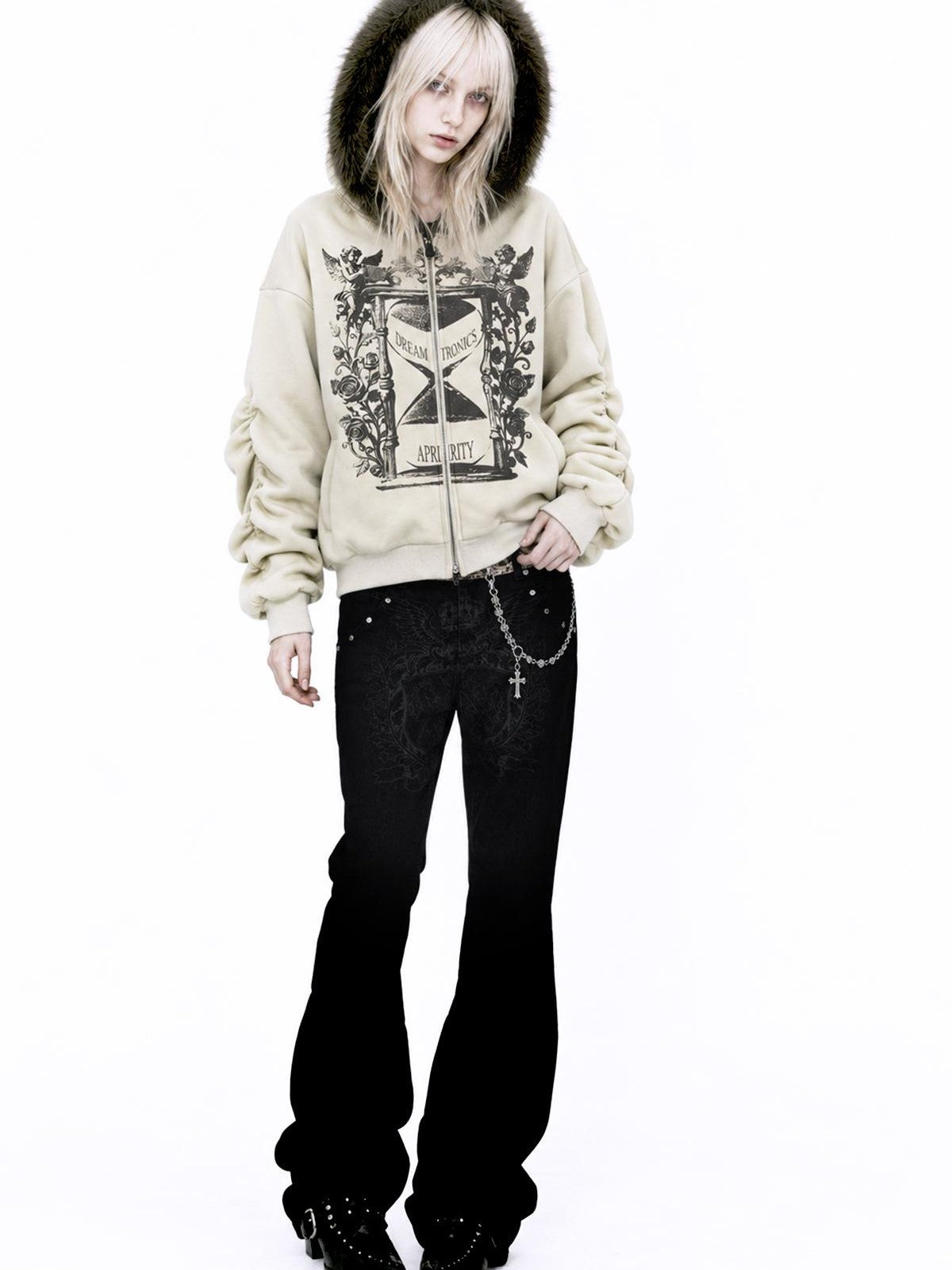 APRIORITY Hourglass Ruched Stacked Sleeve Faux Fur Trim Women's Cotton Blend Zip-up Hoodies