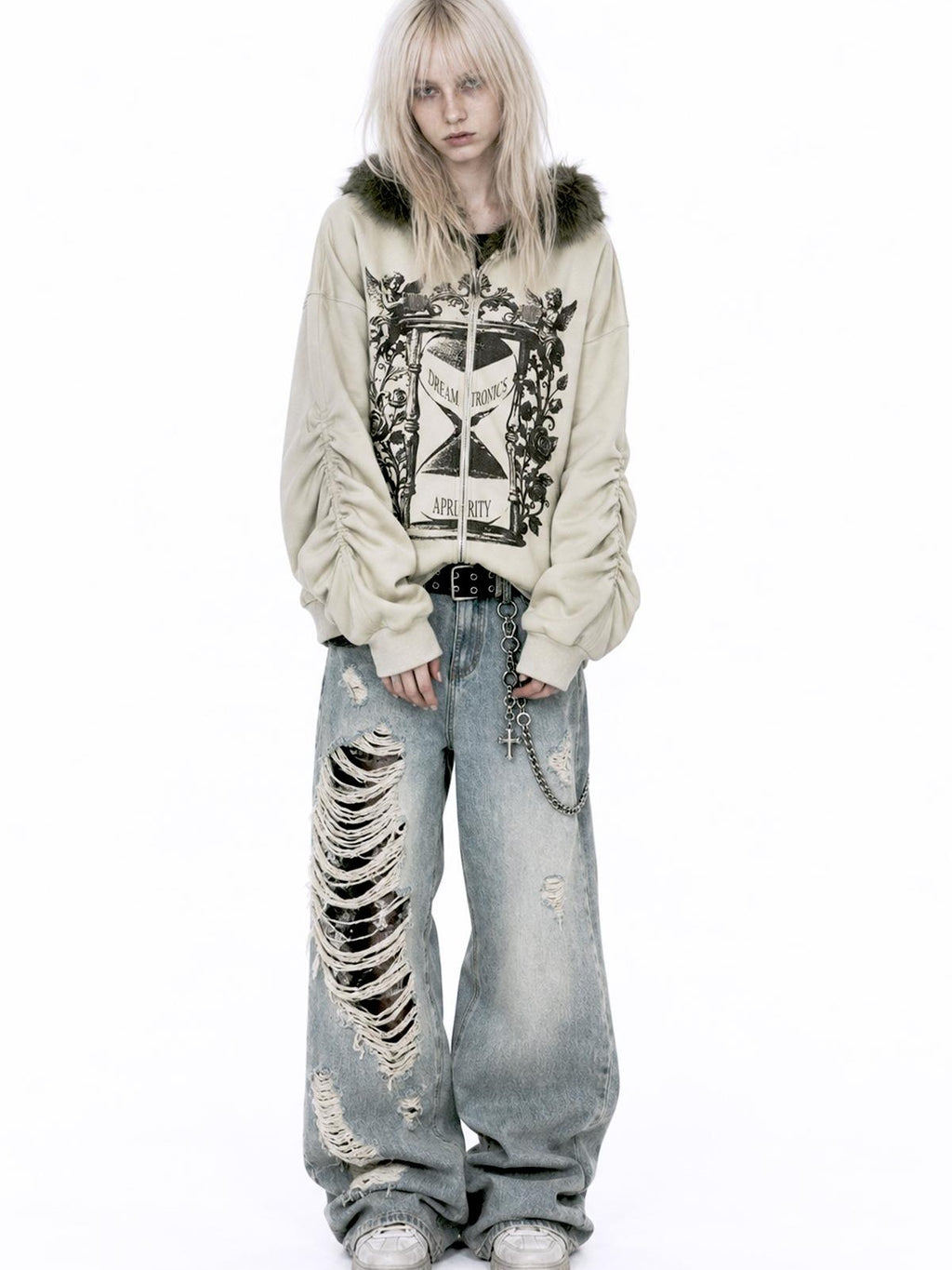 APRIORITY Hourglass Ruched Stacked Sleeve Faux Fur Trim Women's Cotton Blend Zip-up Hoodies