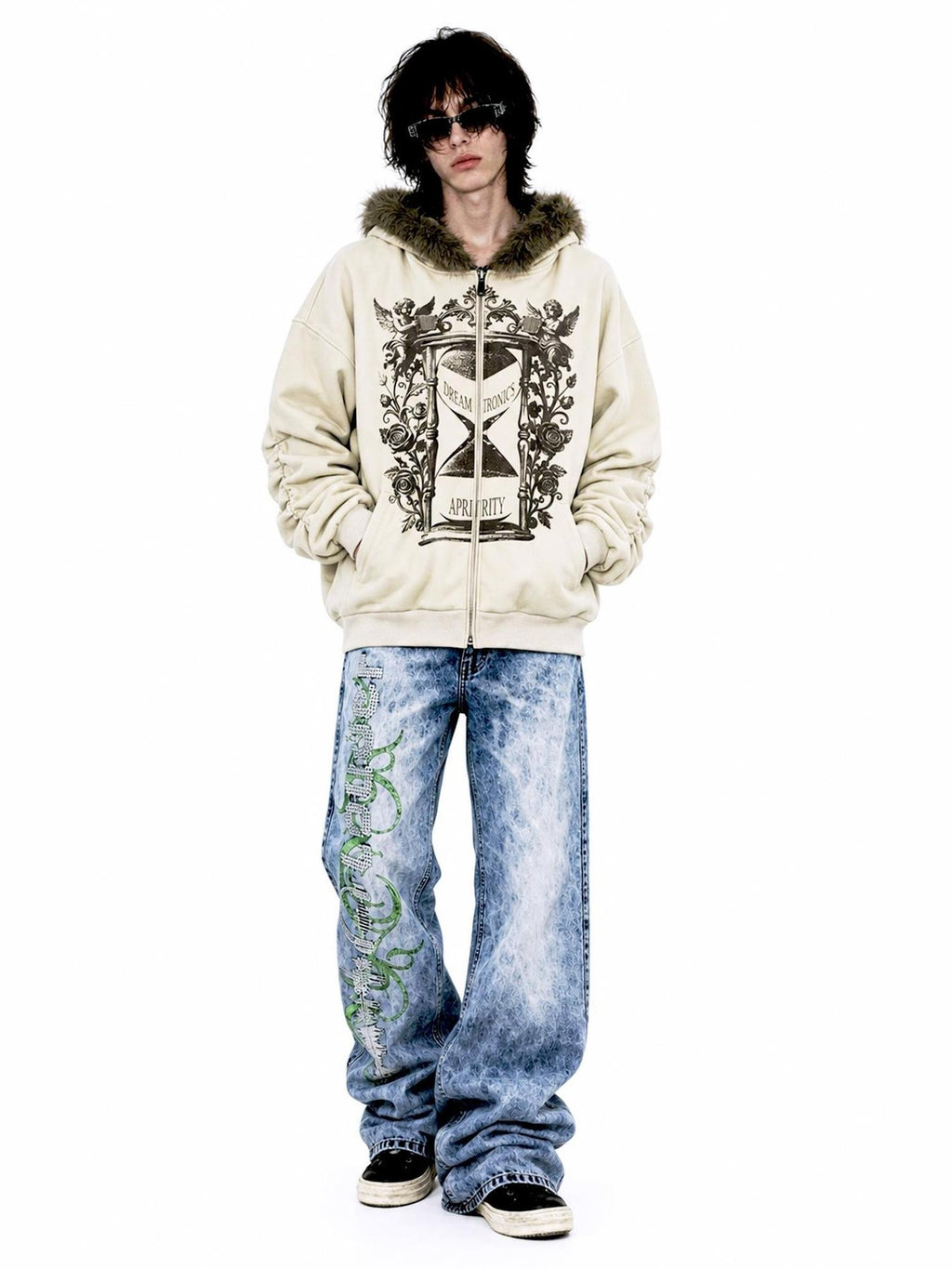 APRIORITY Hourglass Ruched Stacked Sleeve Faux Fur Trim Women's Cotton Blend Zip-up Hoodies