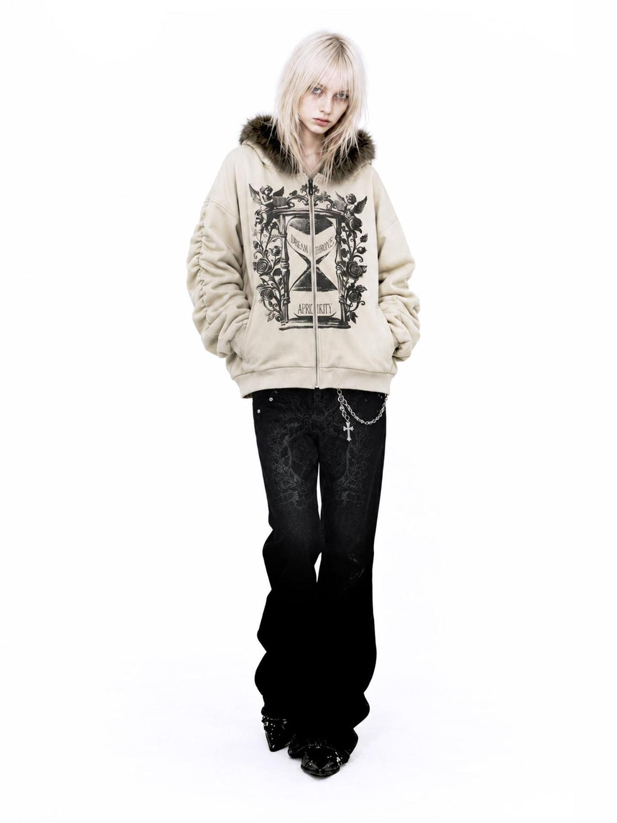 APRIORITY Hourglass Ruched Stacked Sleeve Faux Fur Trim Women's Cotton Blend Zip-up Hoodies