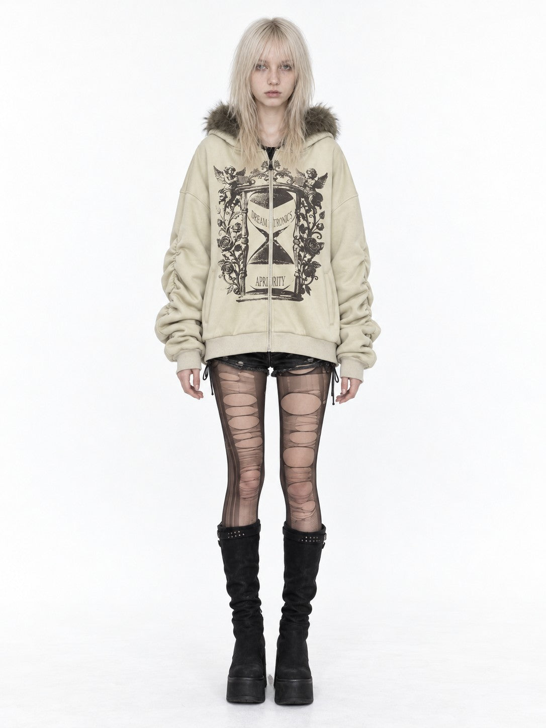 APRIORITY Hourglass Ruched Stacked Sleeve Faux Fur Trim Women's Cotton Blend Zip-up Hoodies