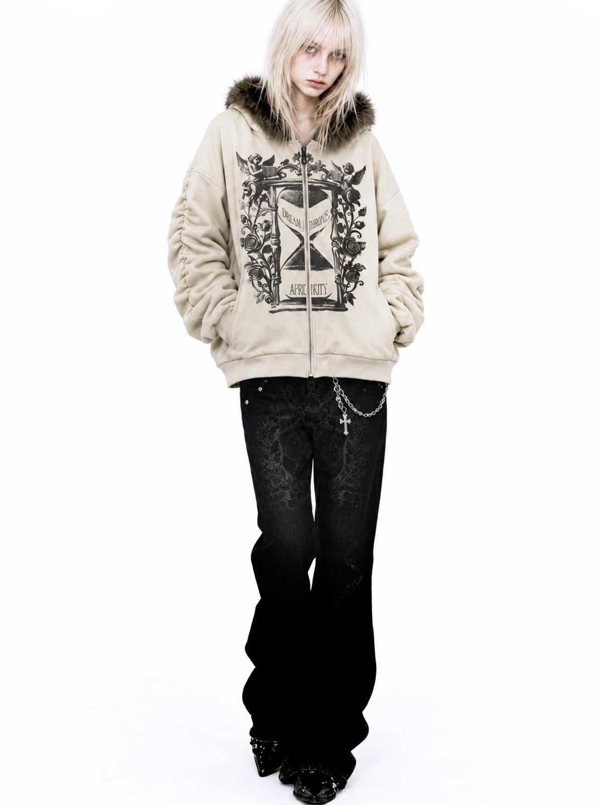APRIORITY Hourglass Ruched Stacked Sleeve Faux Fur Trim Women's Cotton Blend Zip-up Hoodies