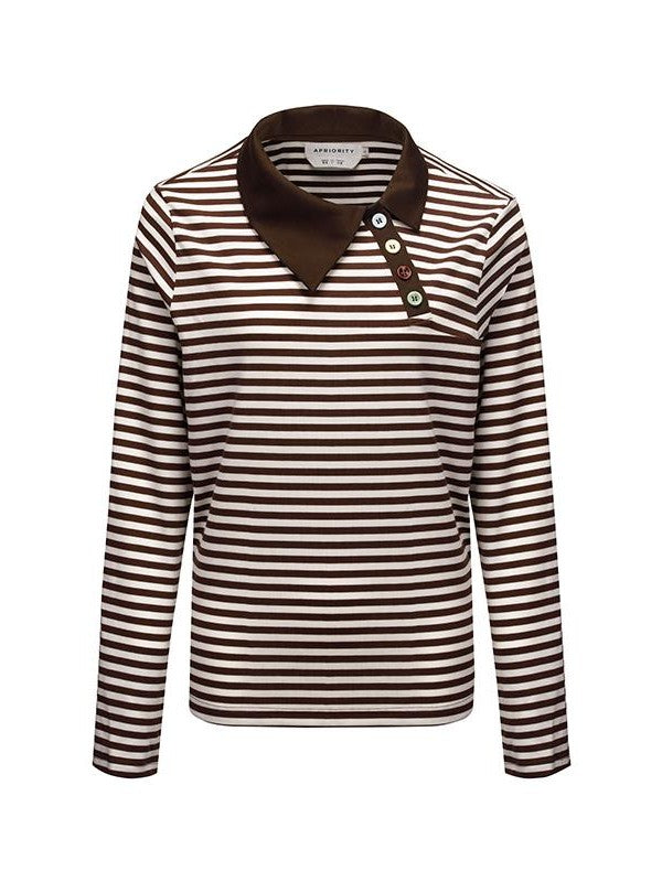 APRIORITY Irregular Button V-neck Striped Lyocell Women's Casual Shirts