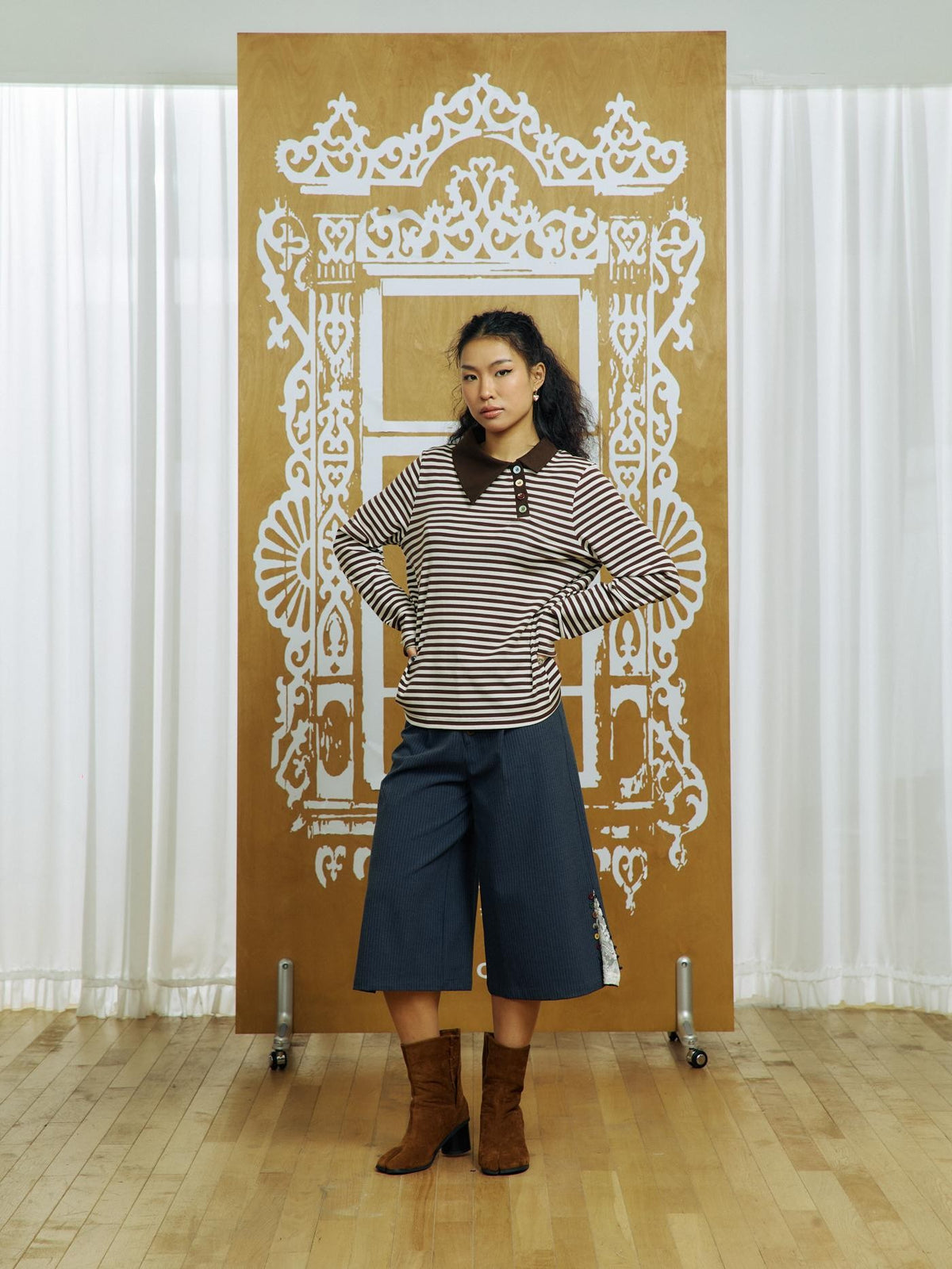 APRIORITY Irregular Button V-neck Striped Lyocell Women's Casual Shirts