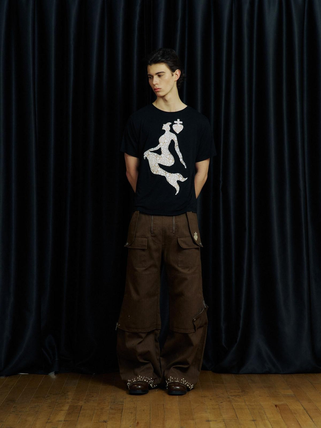APRIORITY Khaki Beaded Digital Print Curved Blade Women's Cotton Cargo Pants