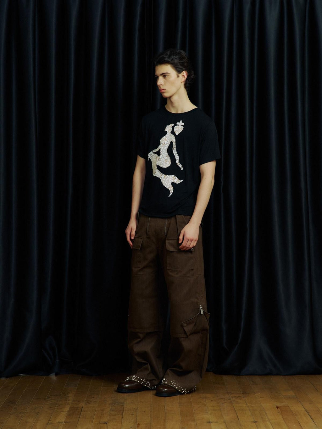 APRIORITY Khaki Beaded Digital Print Curved Blade Women's Cotton Cargo Pants