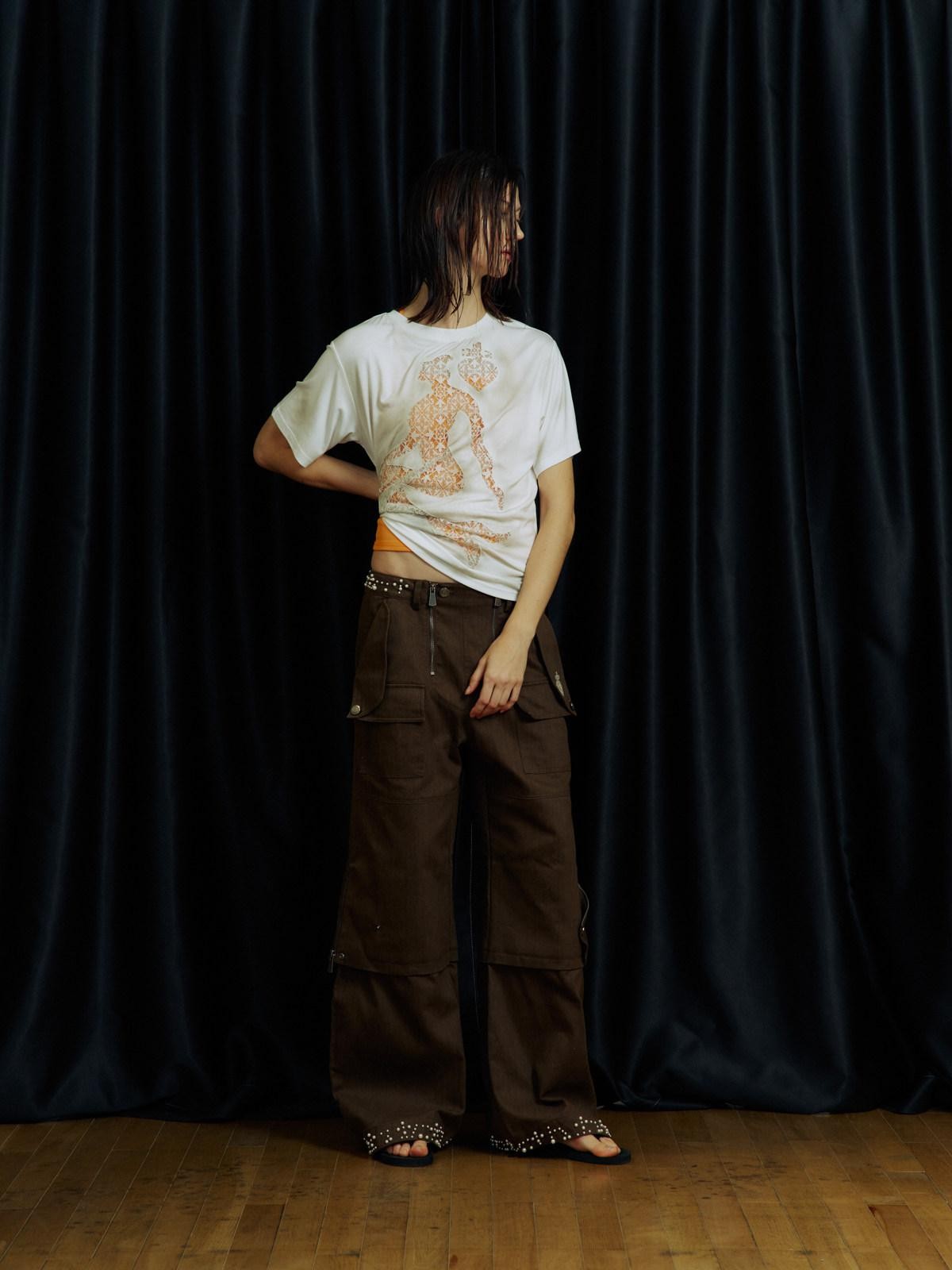 APRIORITY Khaki Beaded Digital Print Curved Blade Women's Cotton Cargo Pants