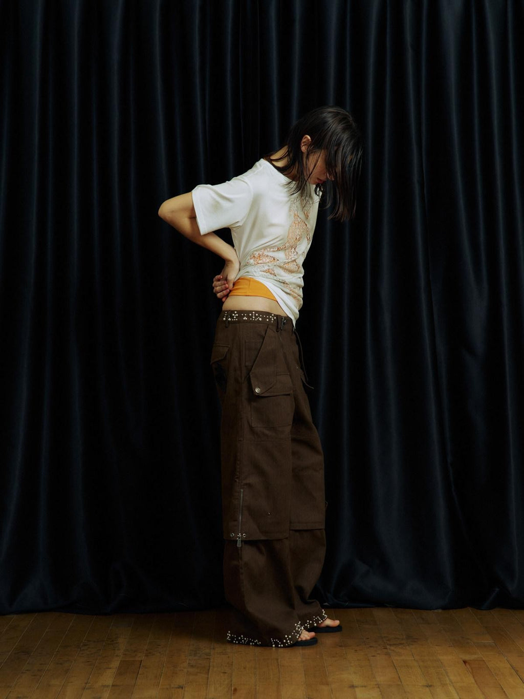APRIORITY Khaki Beaded Digital Print Curved Blade Women's Cotton Cargo Pants