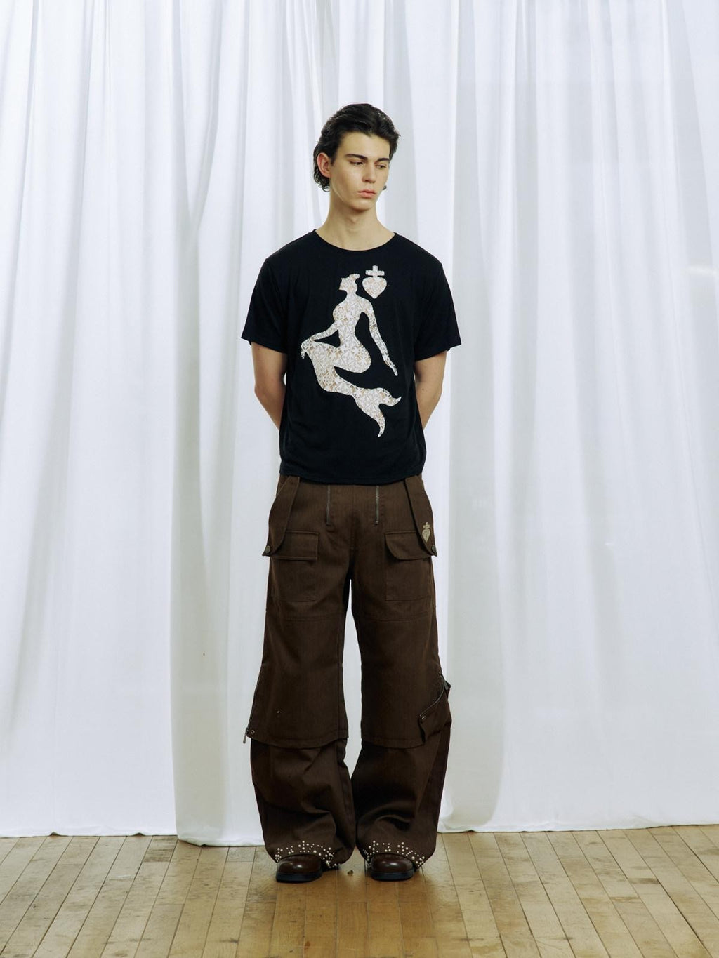 APRIORITY Khaki Beaded Digital Print Curved Blade Women's Cotton Cargo Pants