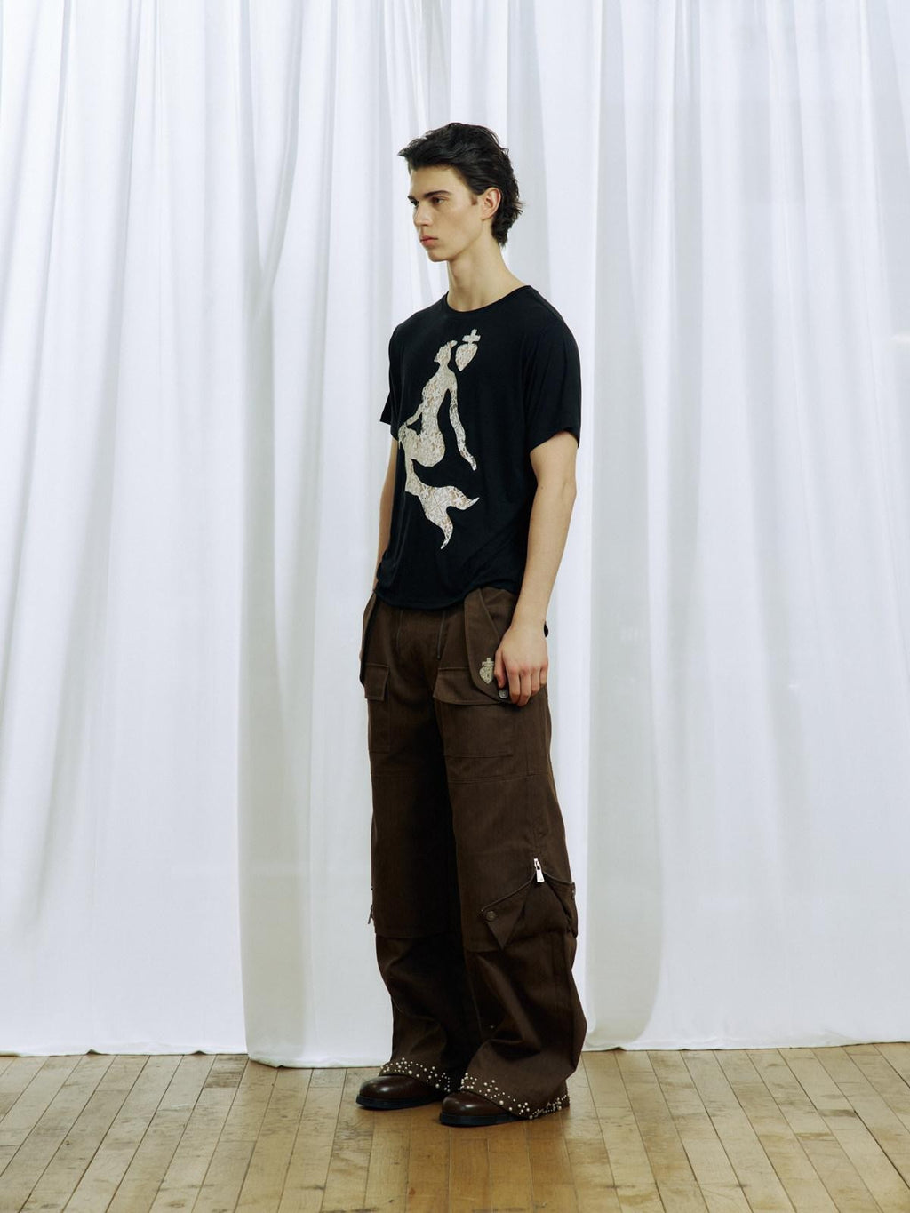 APRIORITY Khaki Beaded Digital Print Curved Blade Women's Cotton Cargo Pants