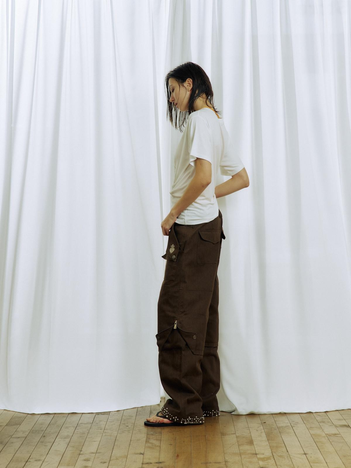 APRIORITY Khaki Beaded Digital Print Curved Blade Women's Cotton Cargo Pants