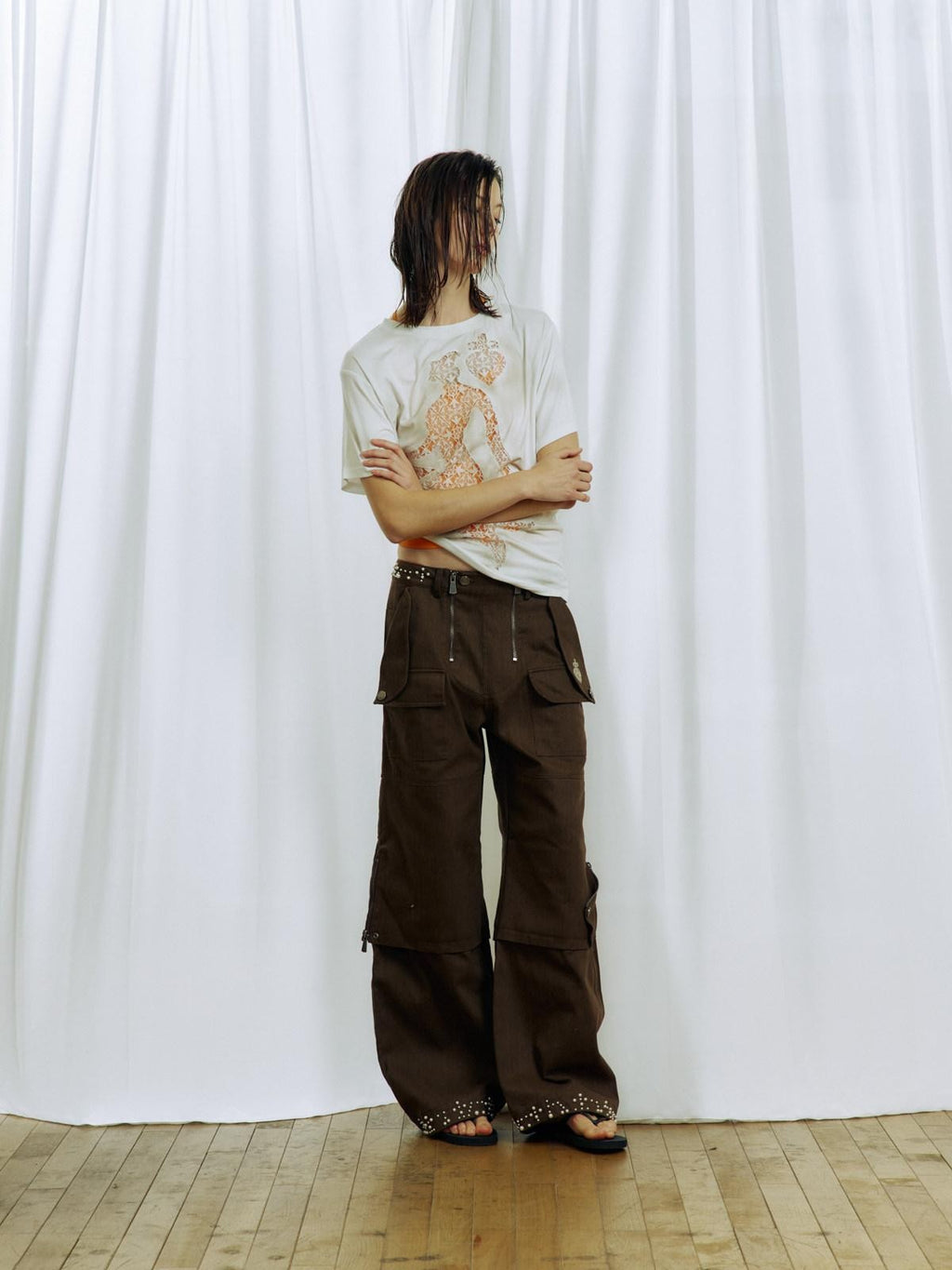 APRIORITY Khaki Beaded Digital Print Curved Blade Women's Cotton Cargo Pants