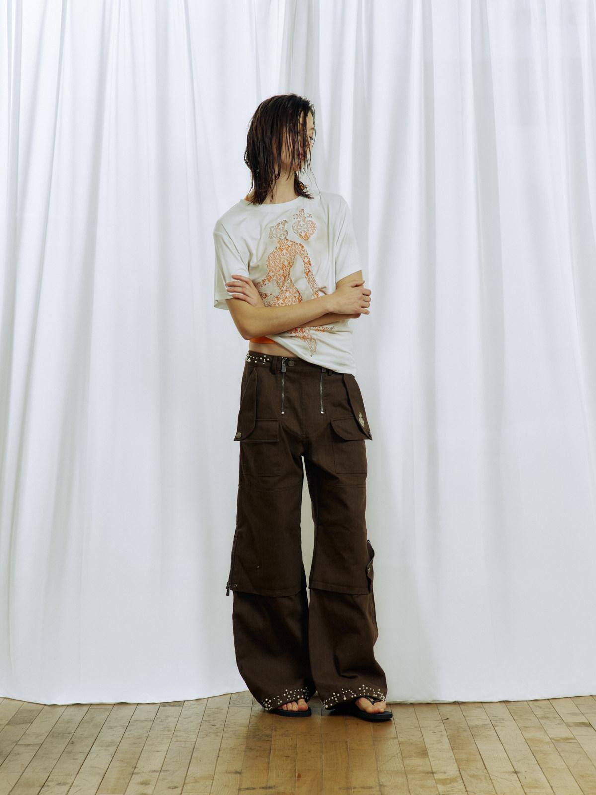 APRIORITY Khaki Beaded Digital Print Curved Blade Women's Cotton Cargo Pants