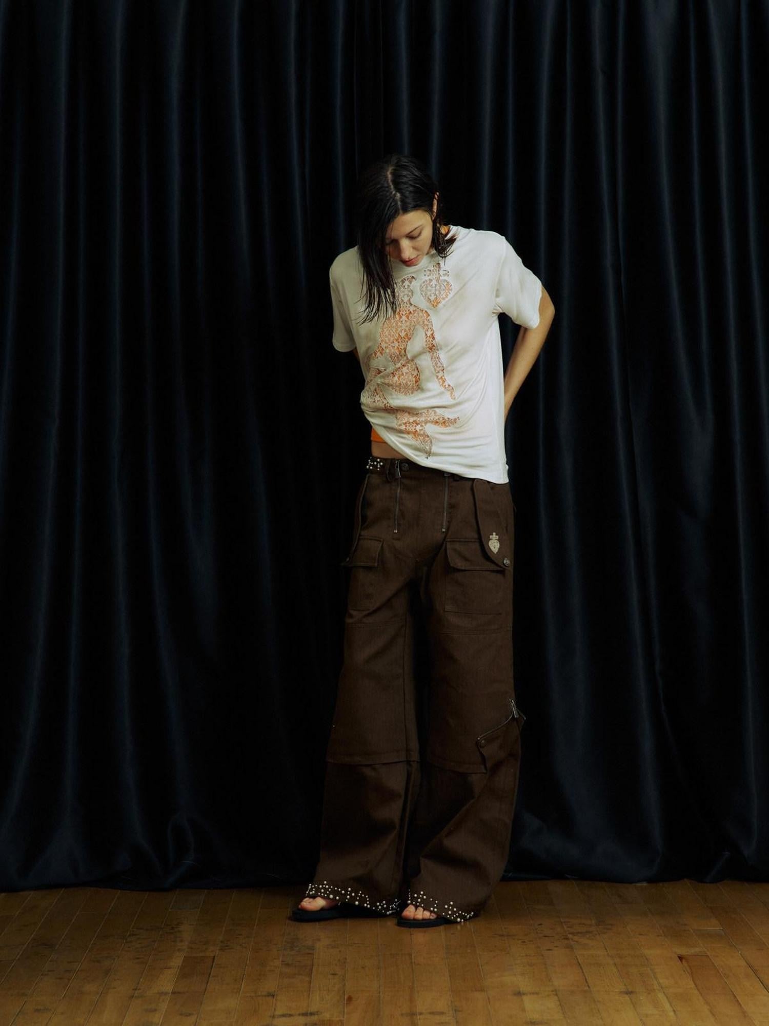APRIORITY Khaki Beaded Digital Print Curved Blade Women's Cotton Cargo Pants