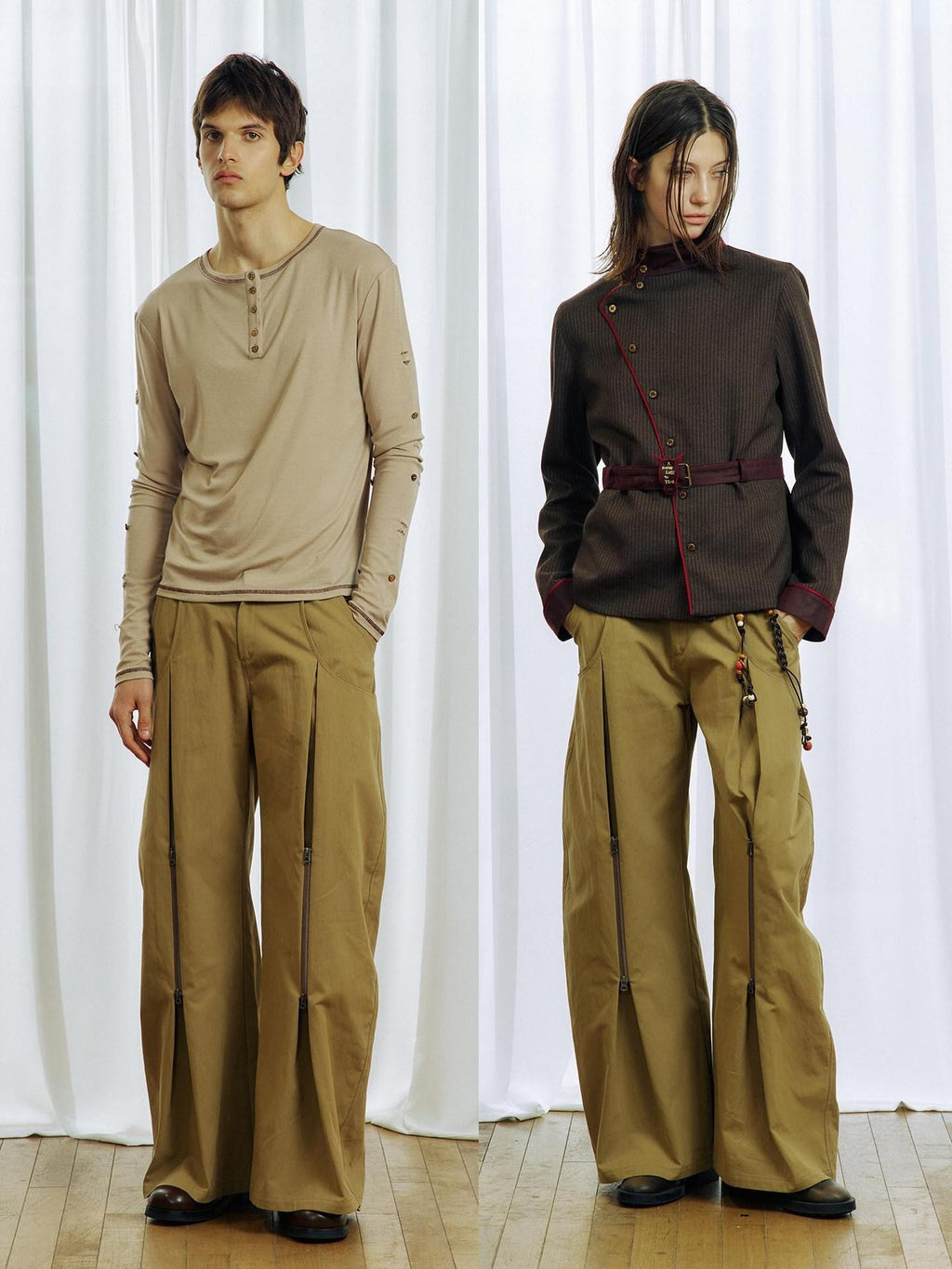 APRIORITY Khaki Pleated Double Zipper Vintage Structured Women's Cotton Tapered Pants