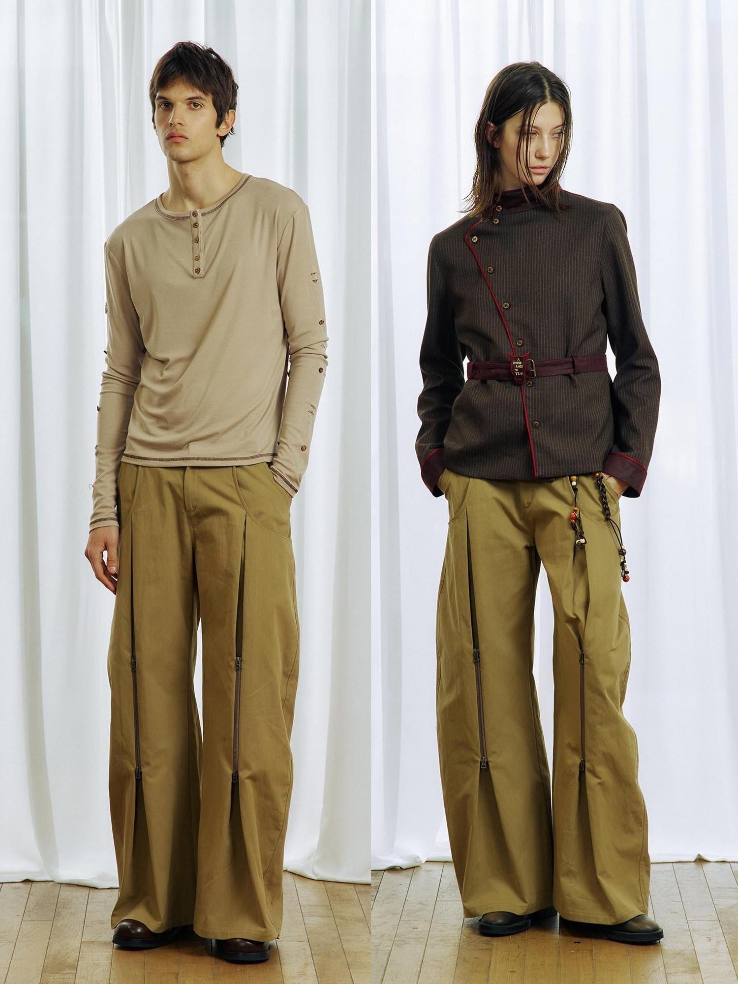 APRIORITY Khaki Pleated Double Zipper Vintage Structured Women's Cotton Tapered Pants