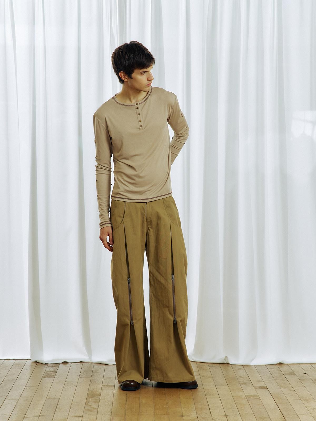 APRIORITY Khaki Pleated Double Zipper Vintage Structured Women's Cotton Tapered Pants