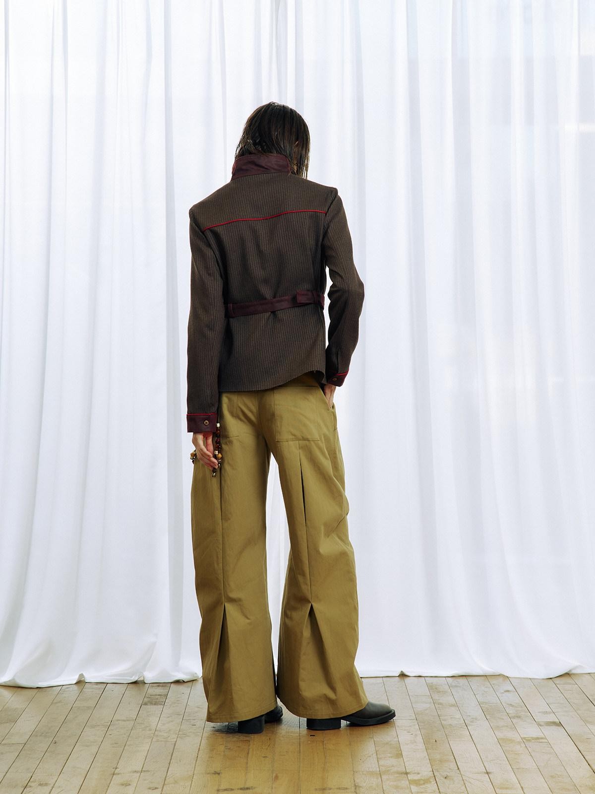 APRIORITY Khaki Pleated Double Zipper Vintage Structured Women's Cotton Tapered Pants