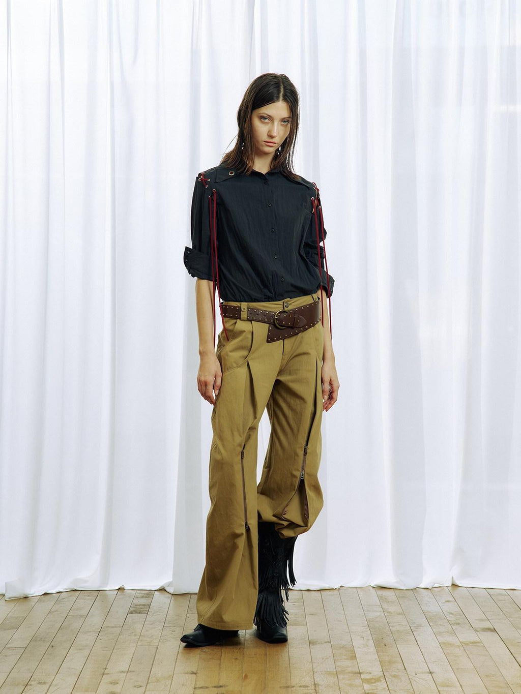 APRIORITY Khaki Pleated Double Zipper Vintage Structured Women's Cotton Tapered Pants