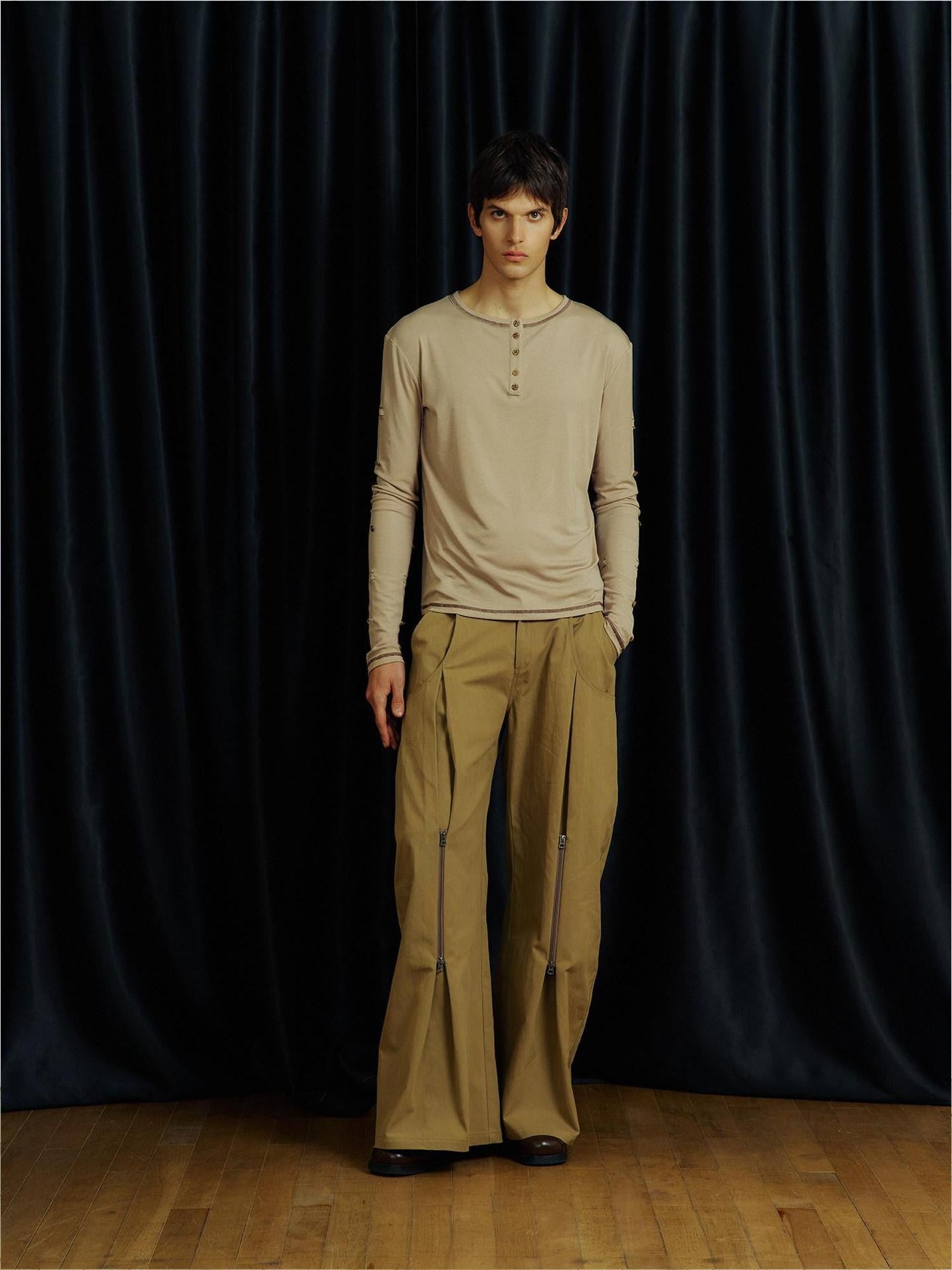 APRIORITY Khaki Pleated Double Zipper Vintage Structured Women's Cotton Tapered Pants