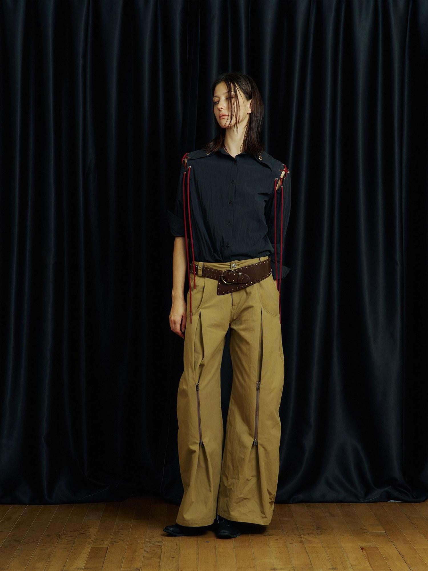 APRIORITY Khaki Pleated Double Zipper Vintage Structured Women's Cotton Tapered Pants