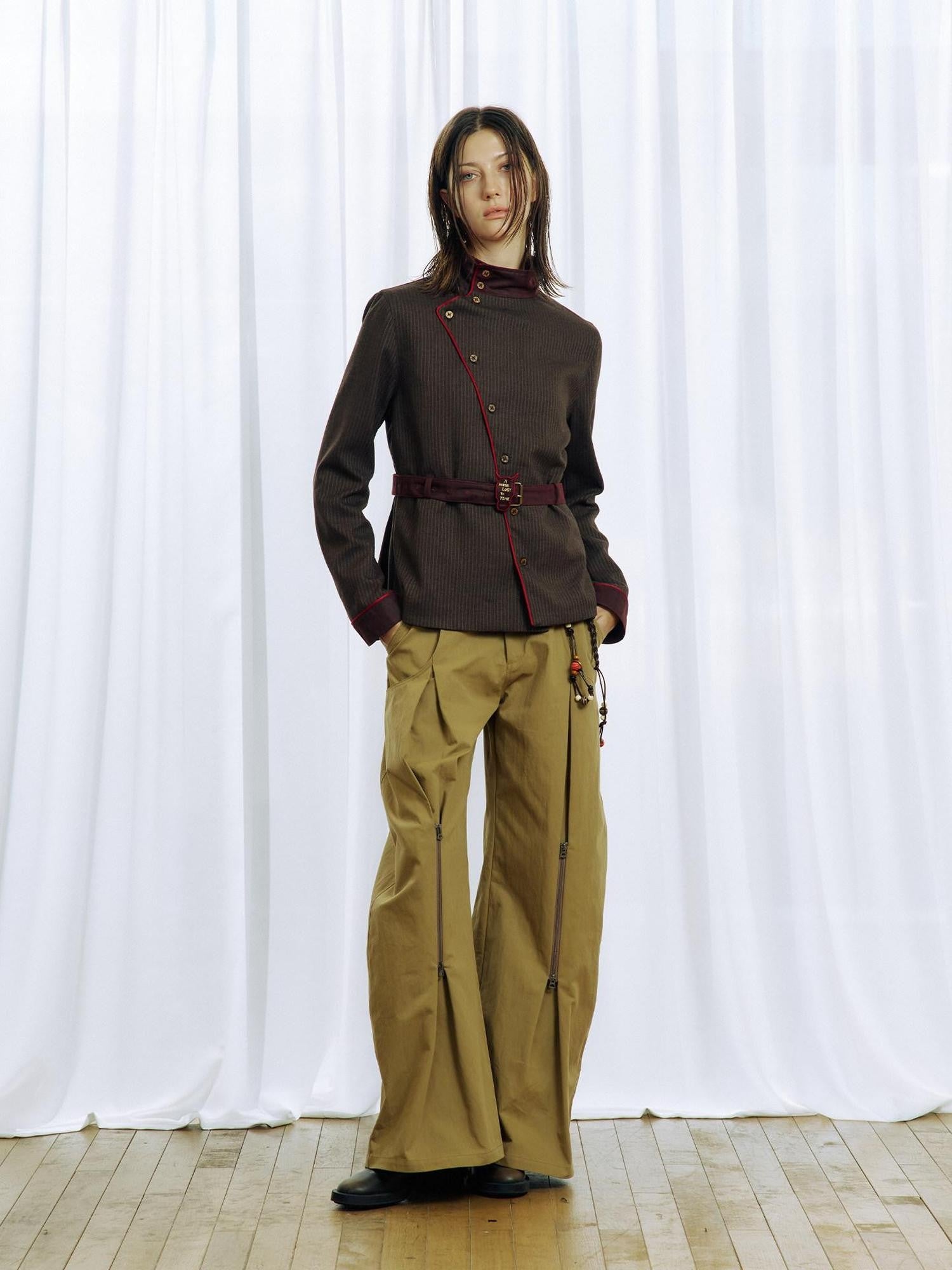APRIORITY Khaki Pleated Double Zipper Vintage Structured Women's Cotton Tapered Pants