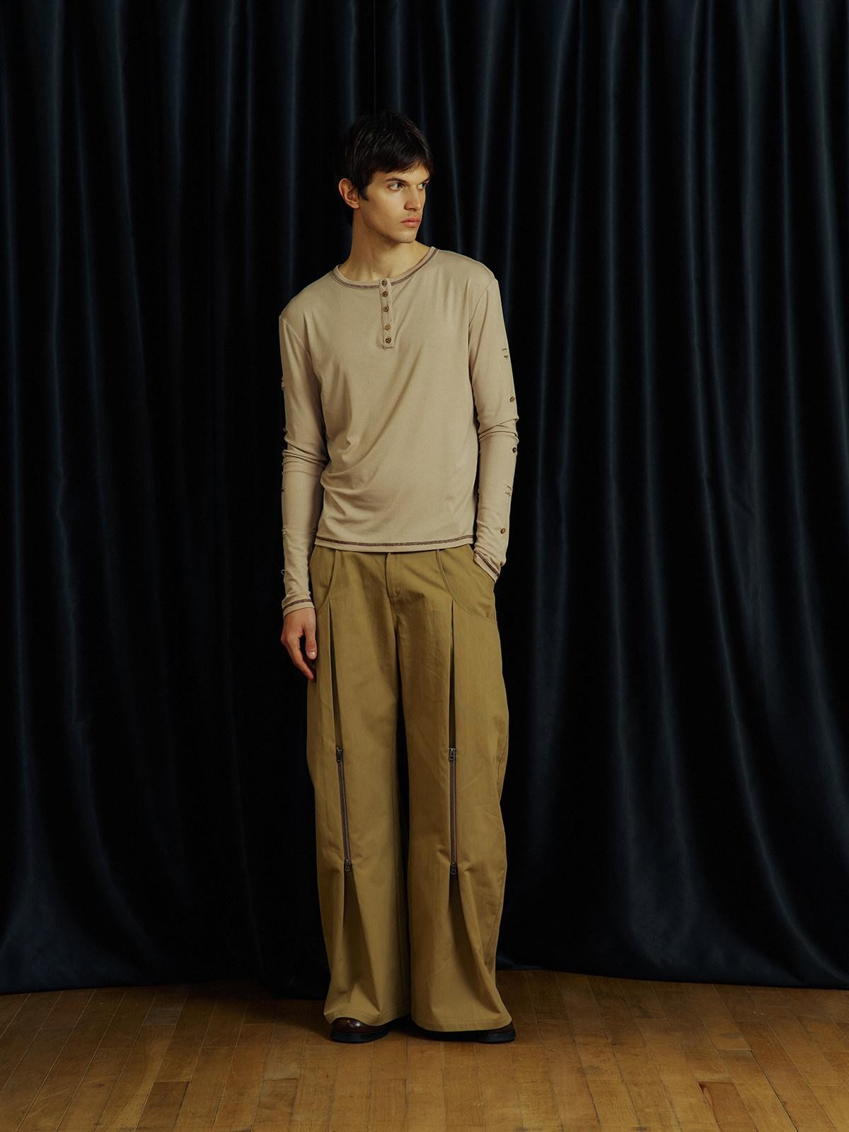 APRIORITY Khaki Pleated Double Zipper Vintage Structured Women's Cotton Tapered Pants