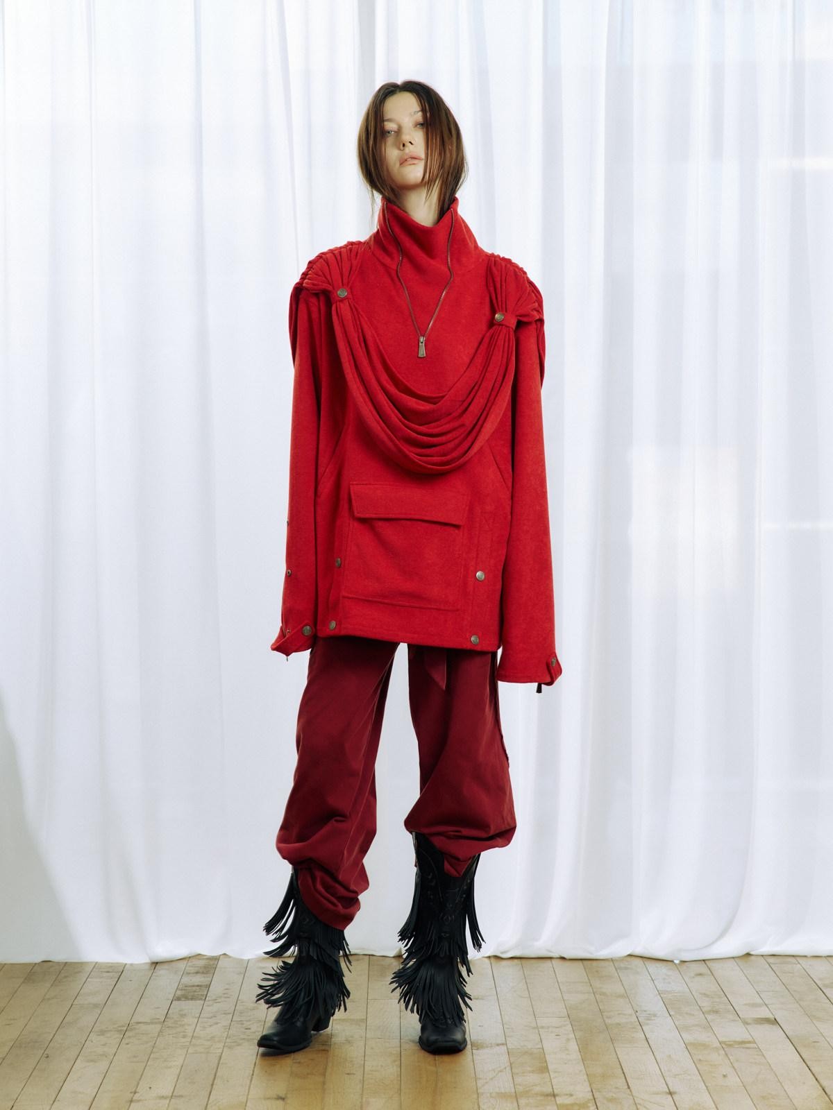 APRIORITY Knight Pleated Stacked Draped Stand Collar Hooded Women's Terry Blend Hoodies