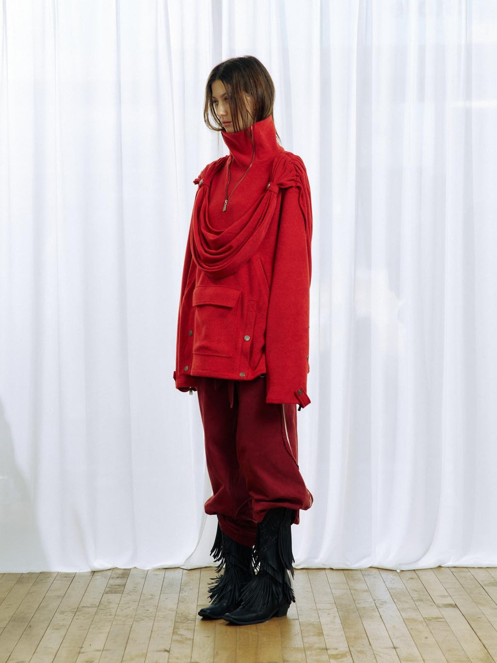 APRIORITY Knight Pleated Stacked Draped Stand Collar Hooded Women's Terry Blend Hoodies