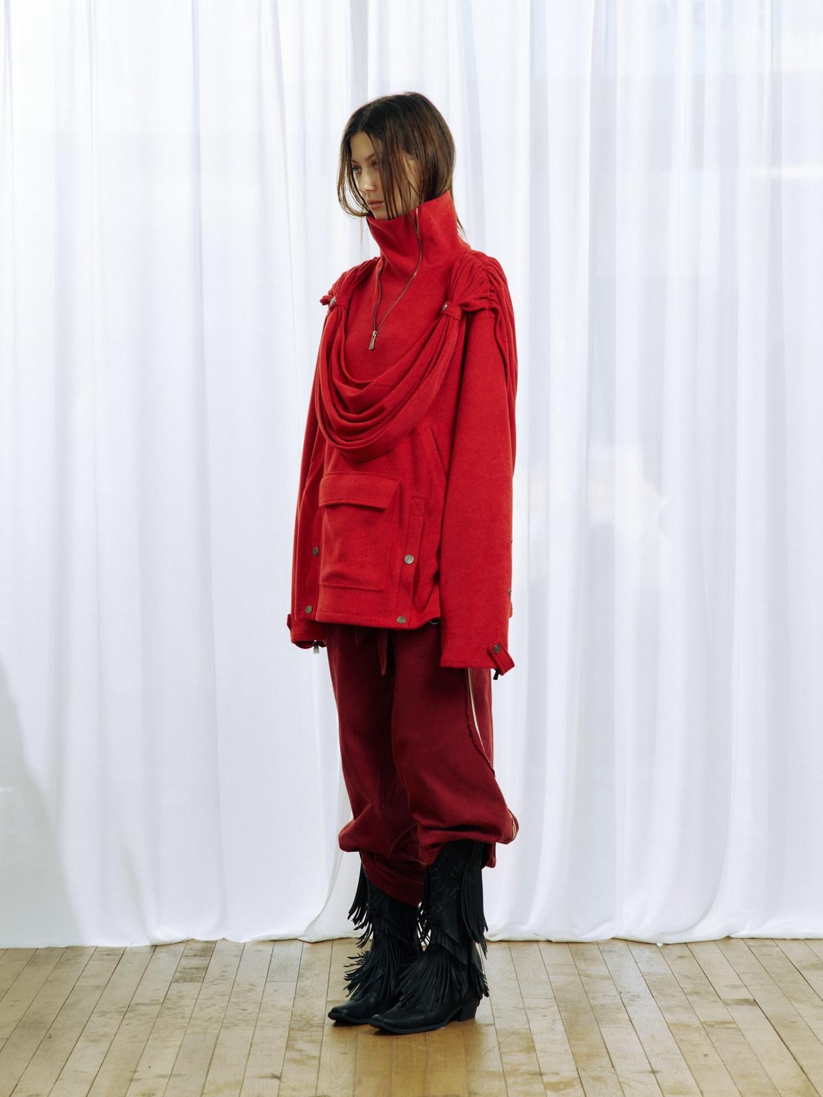 APRIORITY Knight Pleated Stacked Draped Stand Collar Hooded Women's Terry Blend Hoodies
