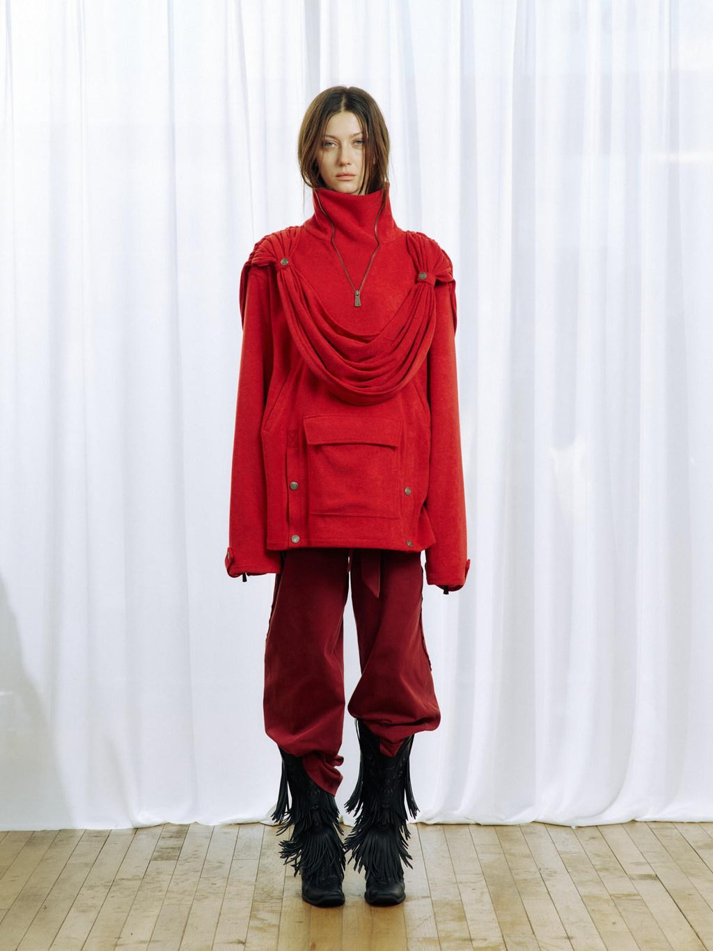 APRIORITY Knight Pleated Stacked Draped Stand Collar Hooded Women's Terry Blend Hoodies