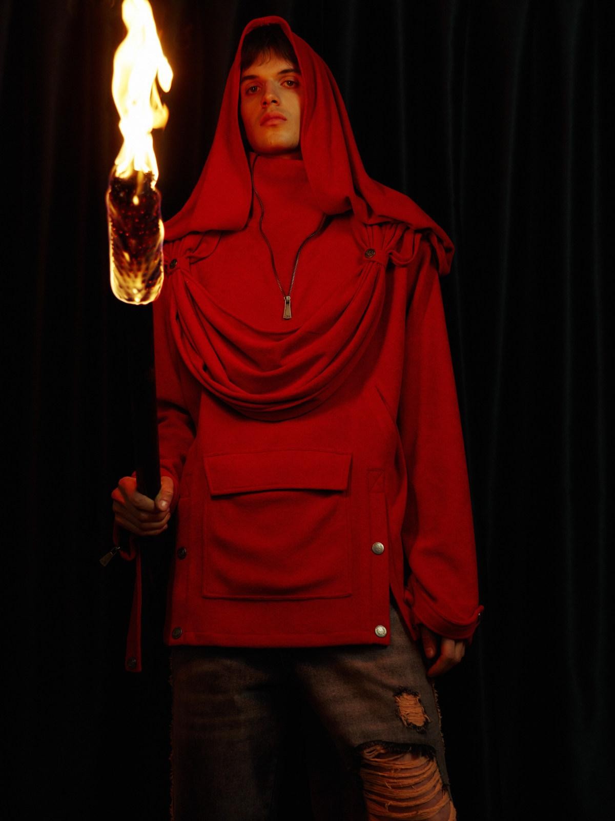 APRIORITY Knight Pleated Stacked Draped Stand Collar Hooded Women's Terry Blend Hoodies
