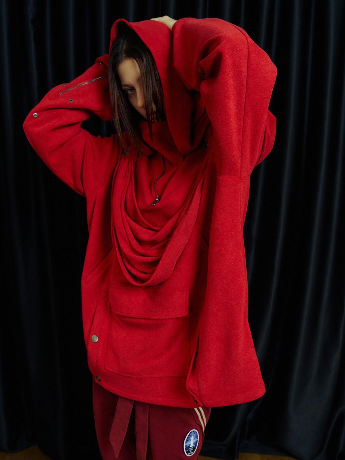 APRIORITY Knight Pleated Stacked Draped Stand Collar Hooded Women's Terry Blend Hoodies