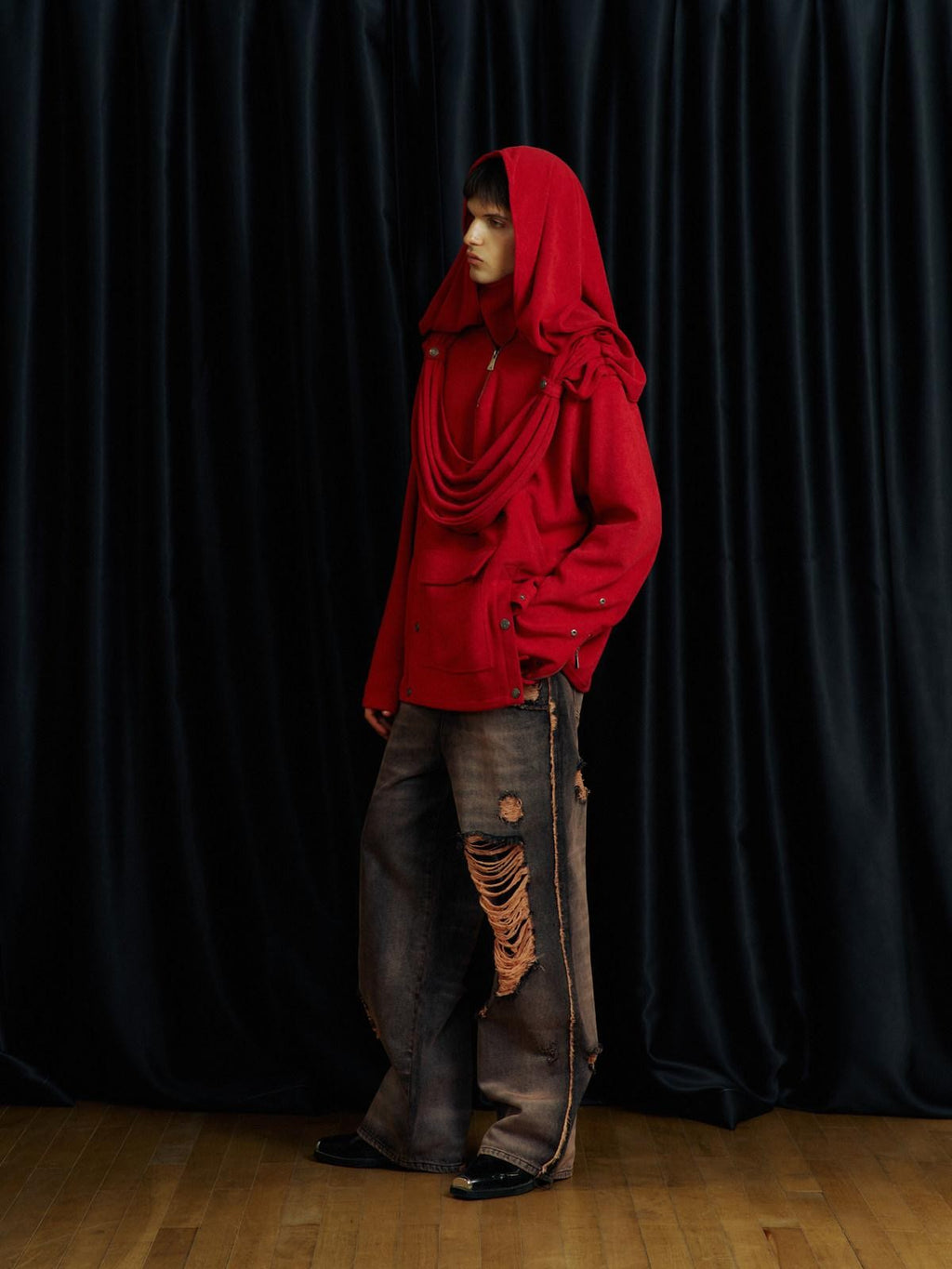 APRIORITY Knight Pleated Stacked Draped Stand Collar Hooded Women's Terry Blend Hoodies