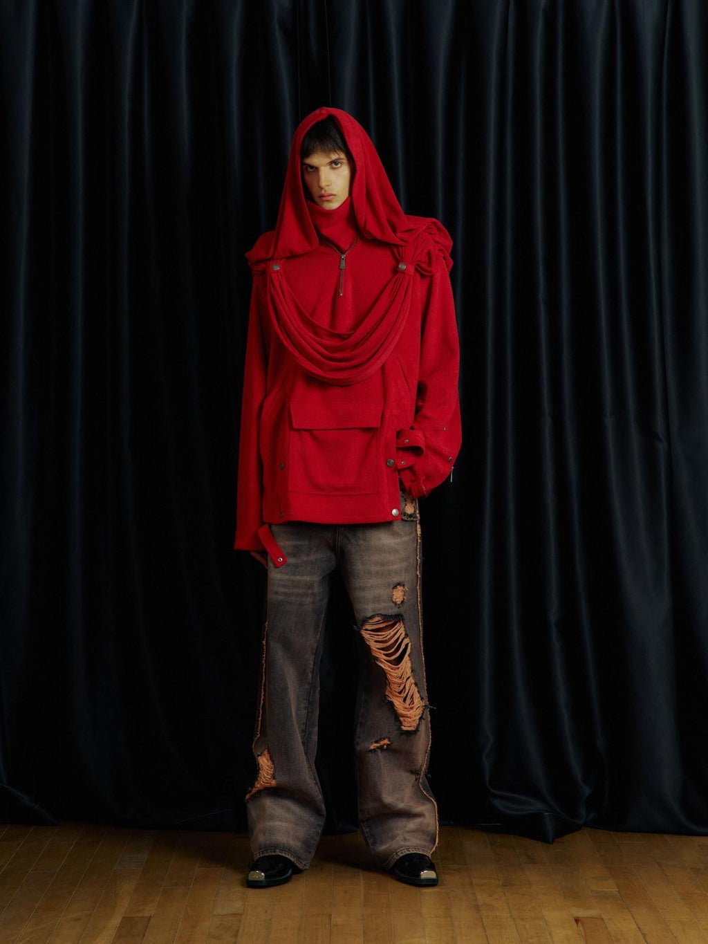 APRIORITY Knight Pleated Stacked Draped Stand Collar Hooded Women's Terry Blend Hoodies