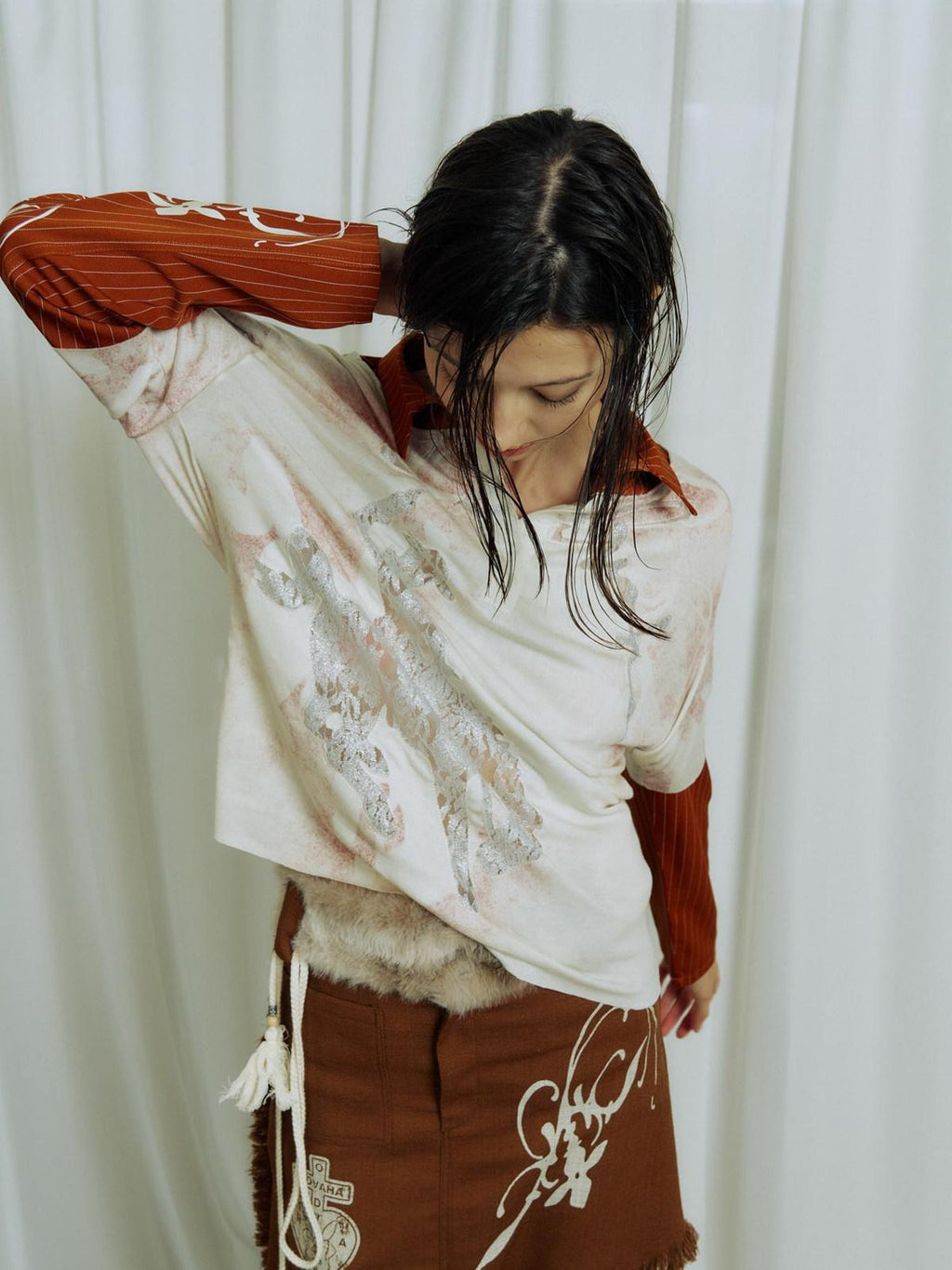 APRIORITY Lace Applique Fake Layered Polo Collar Women's Lyocell Long Sleeve T-shirts