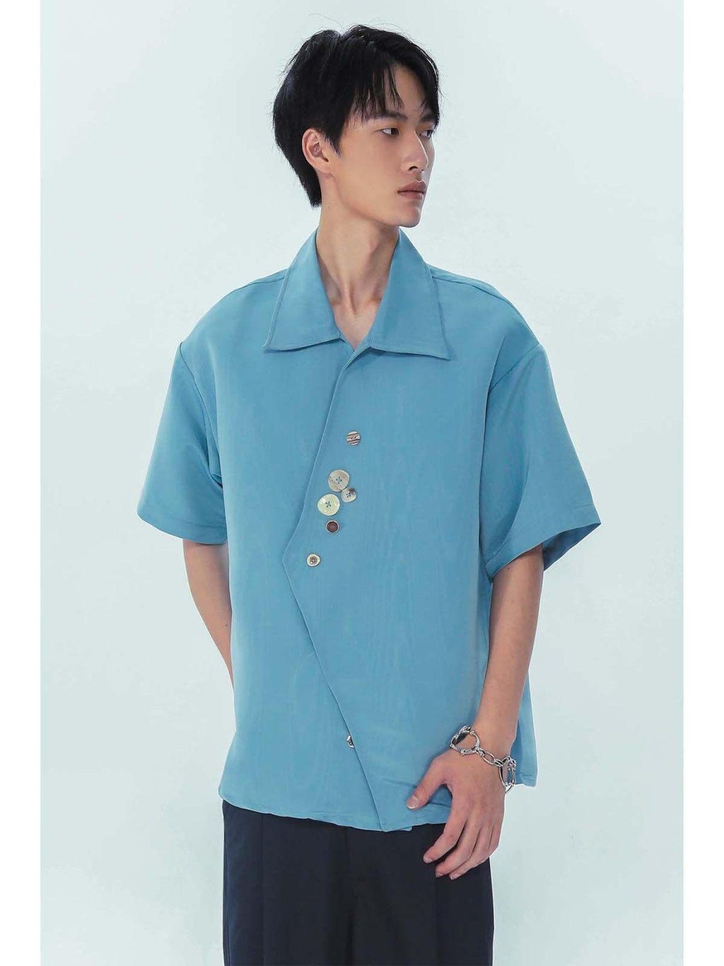 APRIORITY Lake Blue Stone Inspired Irregular Water Ripple Loose Fit Women's Satin Shirts
