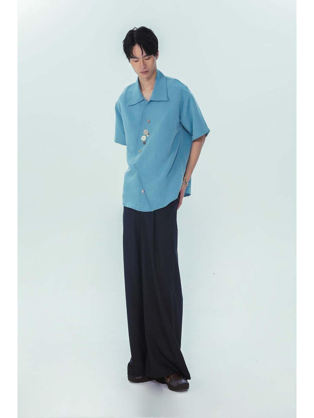 APRIORITY Lake Blue Stone Inspired Irregular Water Ripple Loose Fit Women's Satin Shirts