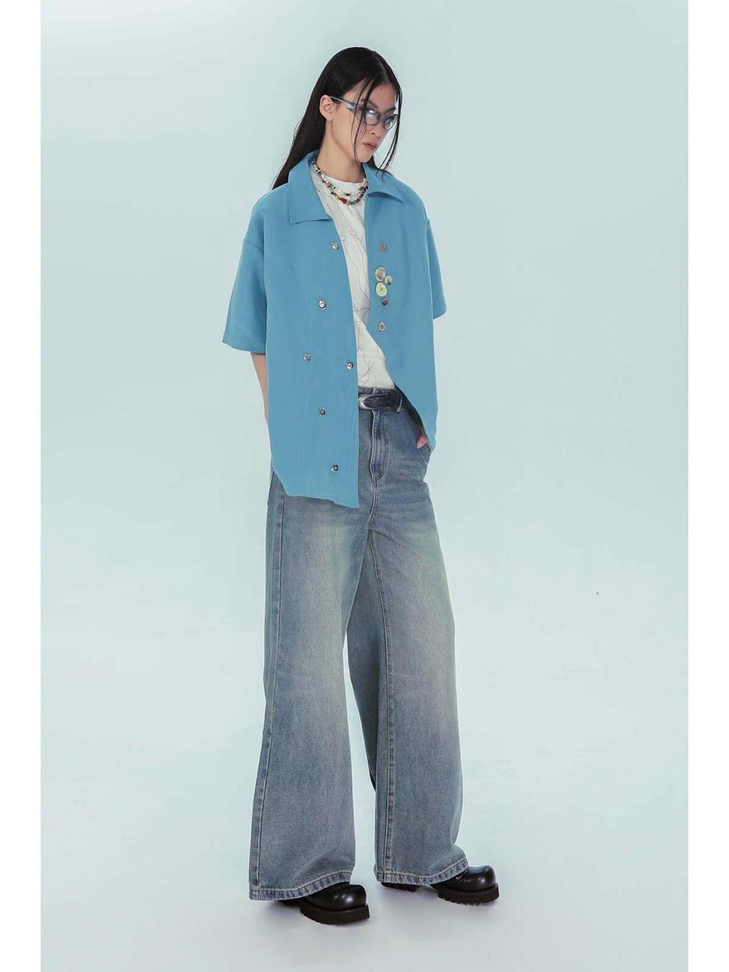 APRIORITY Lake Blue Stone Inspired Irregular Water Ripple Loose Fit Women's Satin Shirts